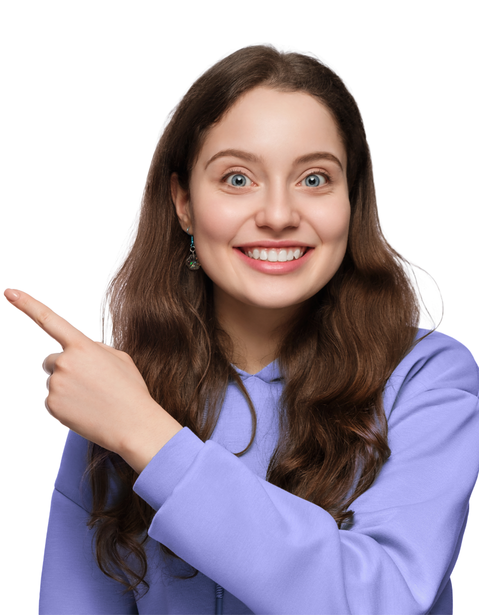 Woman purple top pointing