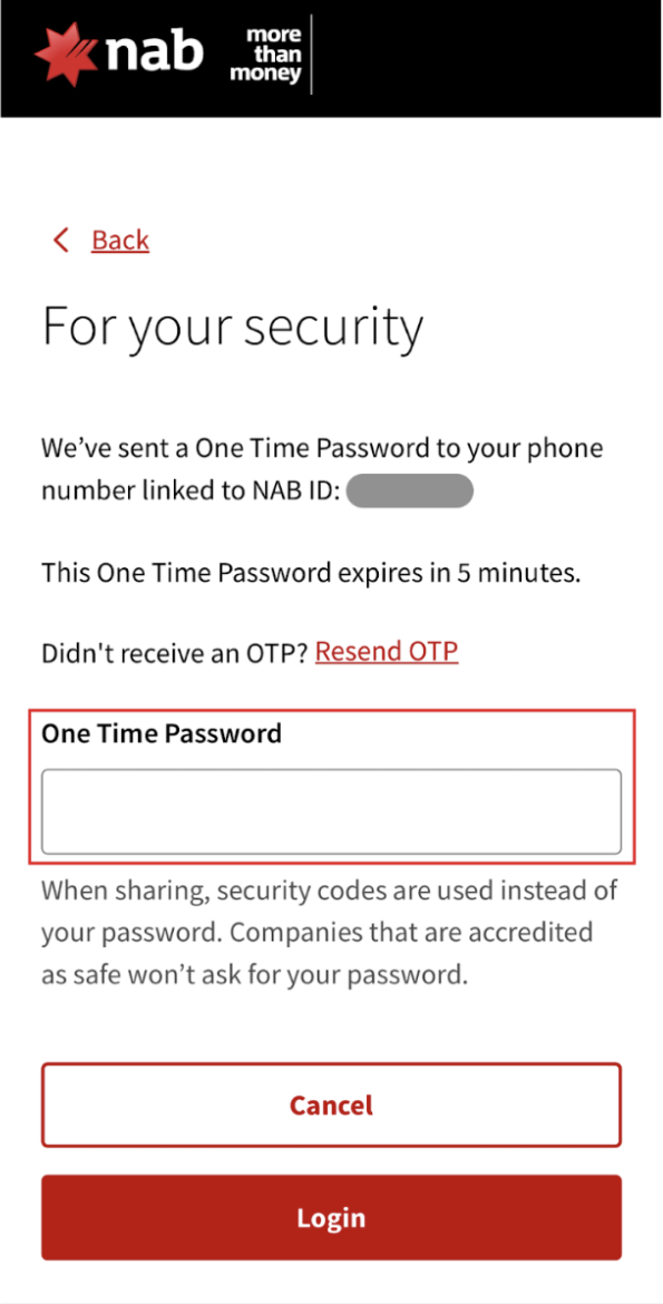 NAB - one time password