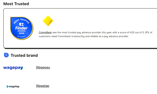 Wagetap as one of the top three pay advance apps dubbed as 'the most trusted' by Finder