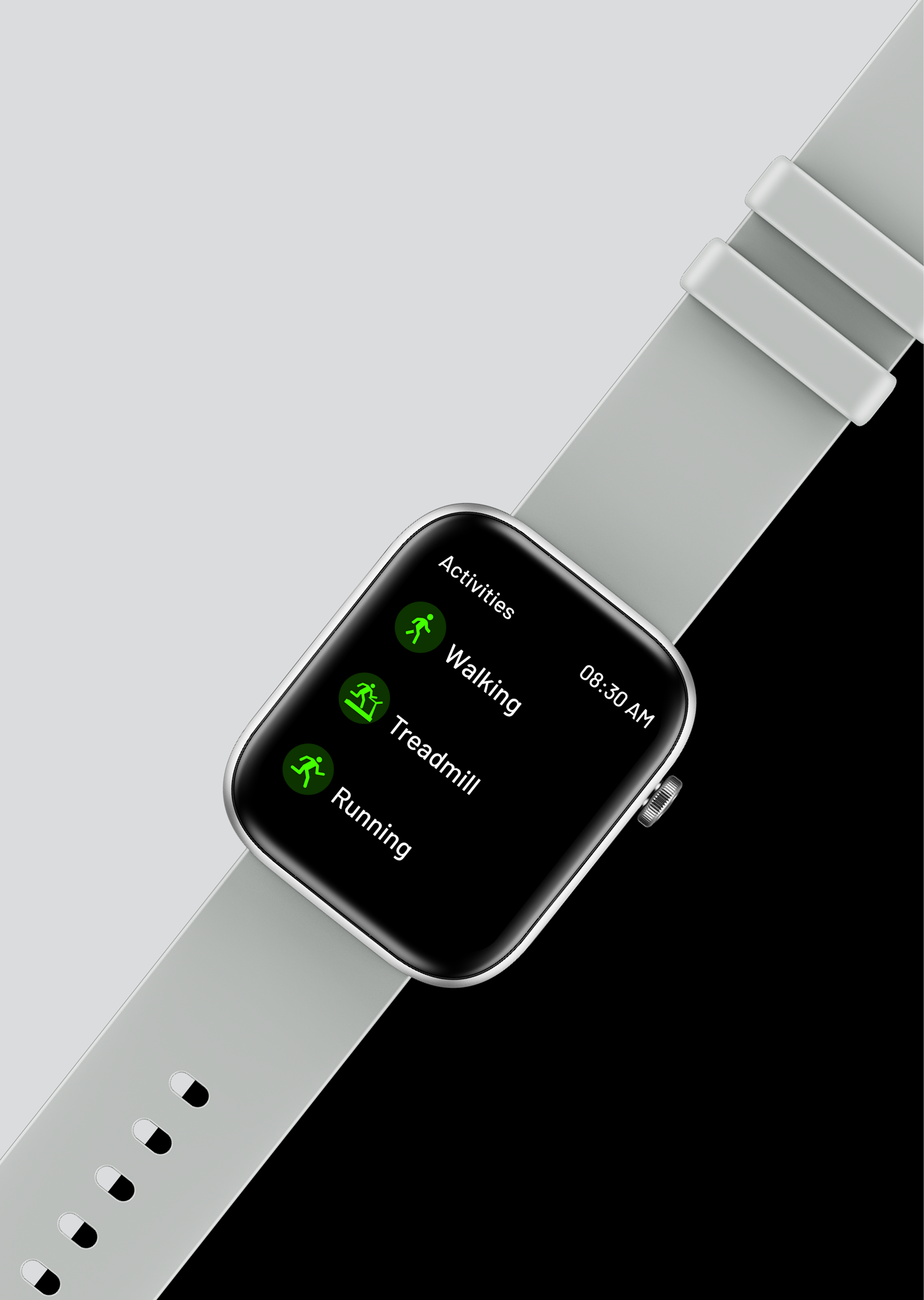 HMD Watch P1 with gray strap displaying activities: Walking, Treadmill, Running.