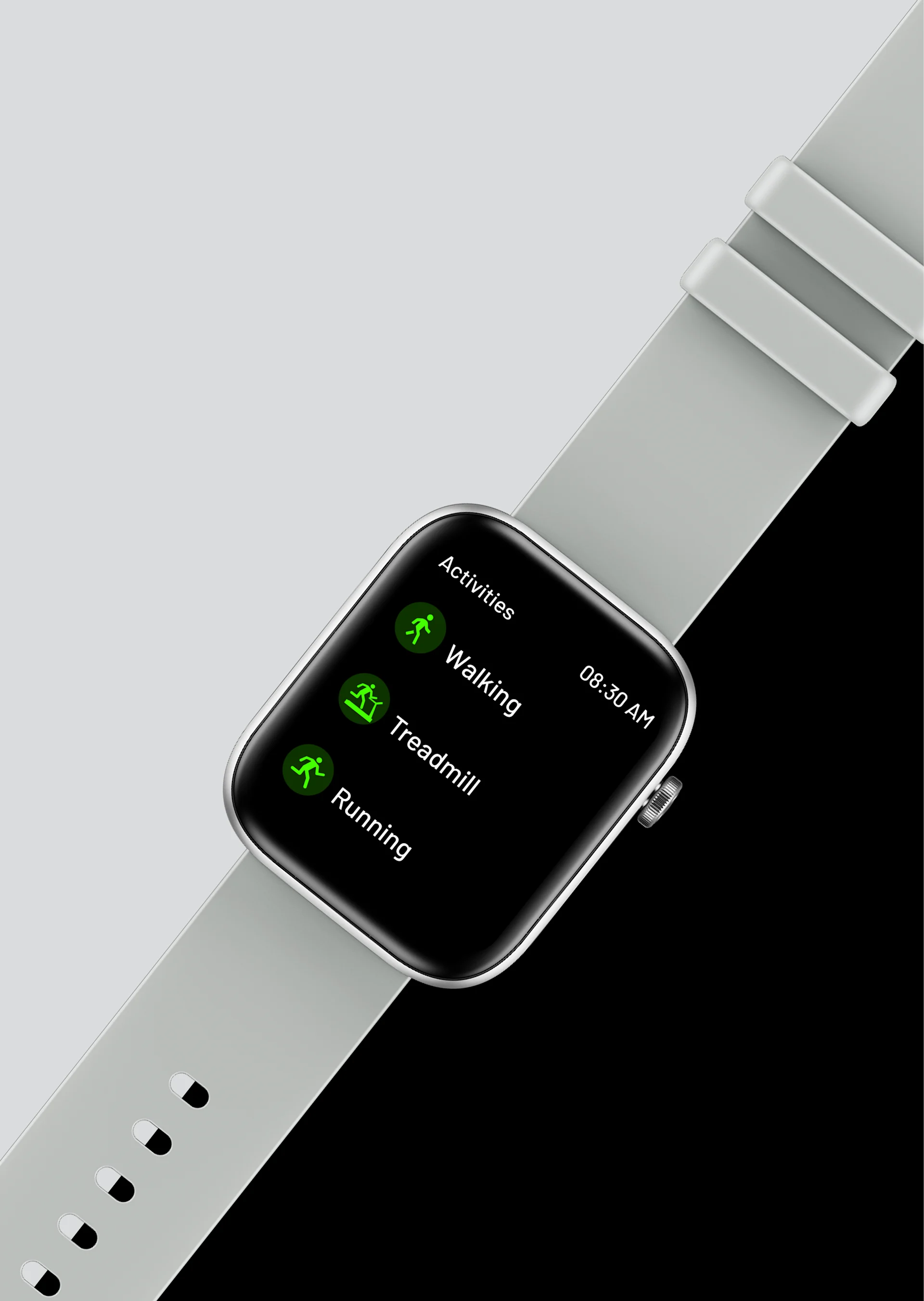 HMD Watch P1 with gray strap displaying activities: Walking, Treadmill, Running.
