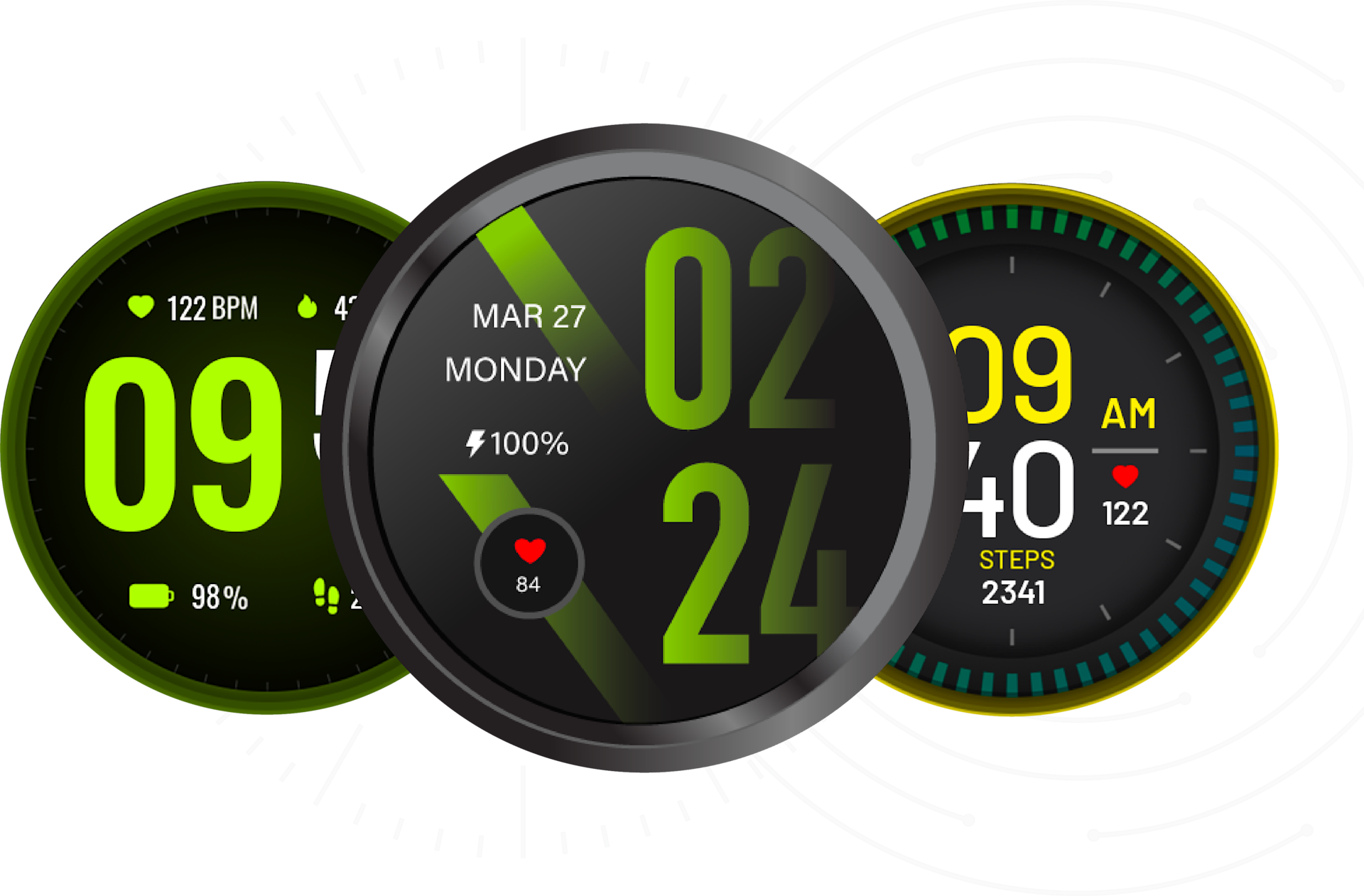 HMD Watch X1 interface with three circular displays showing time, date, heart rate, battery, and steps in vibrant green and yellow.