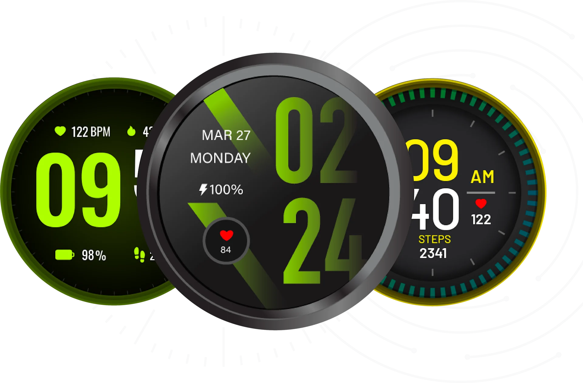 HMD Watch X1 interface with three circular displays showing time, date, heart rate, battery, and steps in vibrant green and yellow.