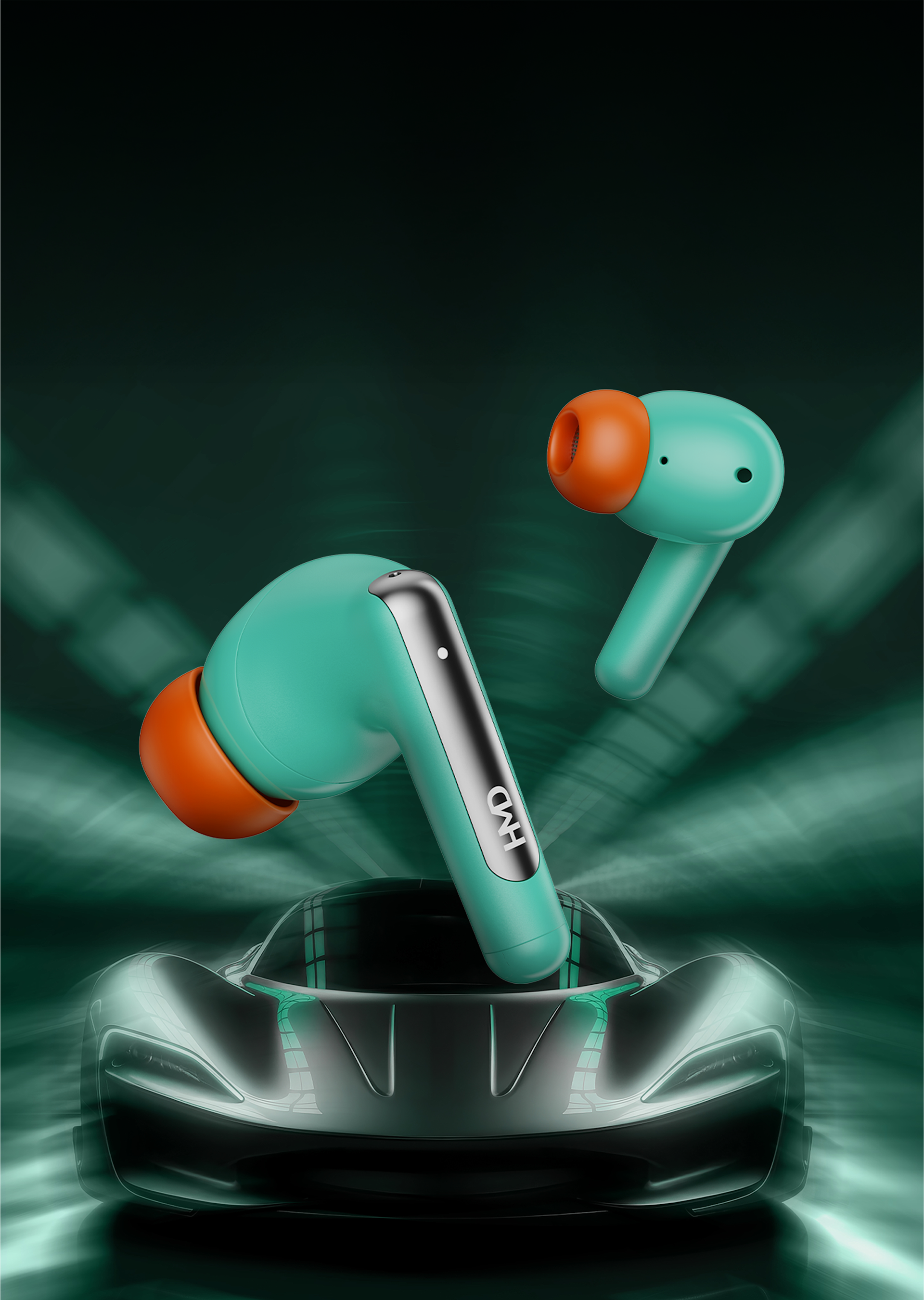 Green HMD P60 earbuds with orange tips floating above a black sports car, showcasing low-latency performance for streaming and gaming.