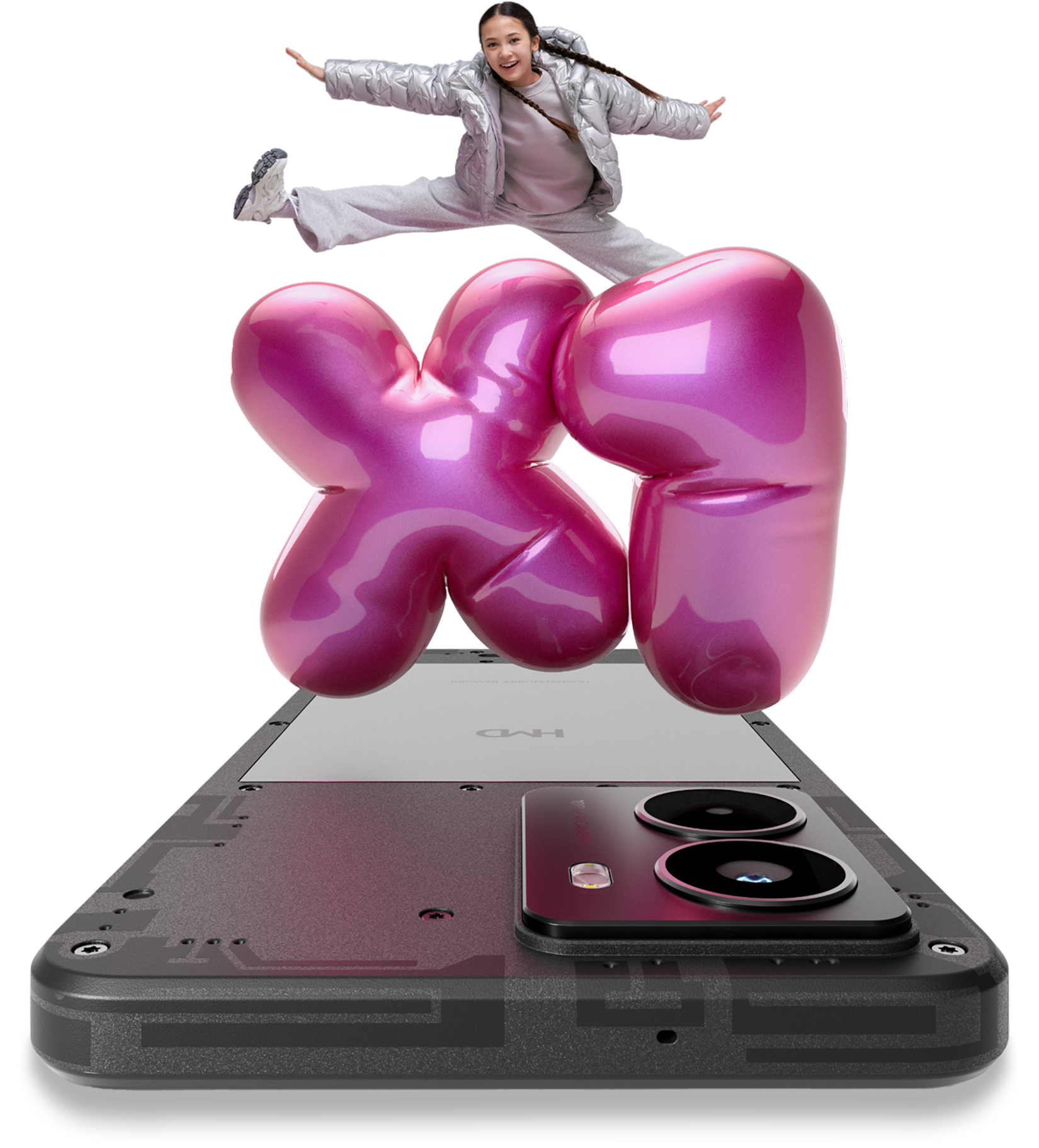 A girl jumps over pink balloon letters "X1" on an HMD Fusion X1 smartphone. 