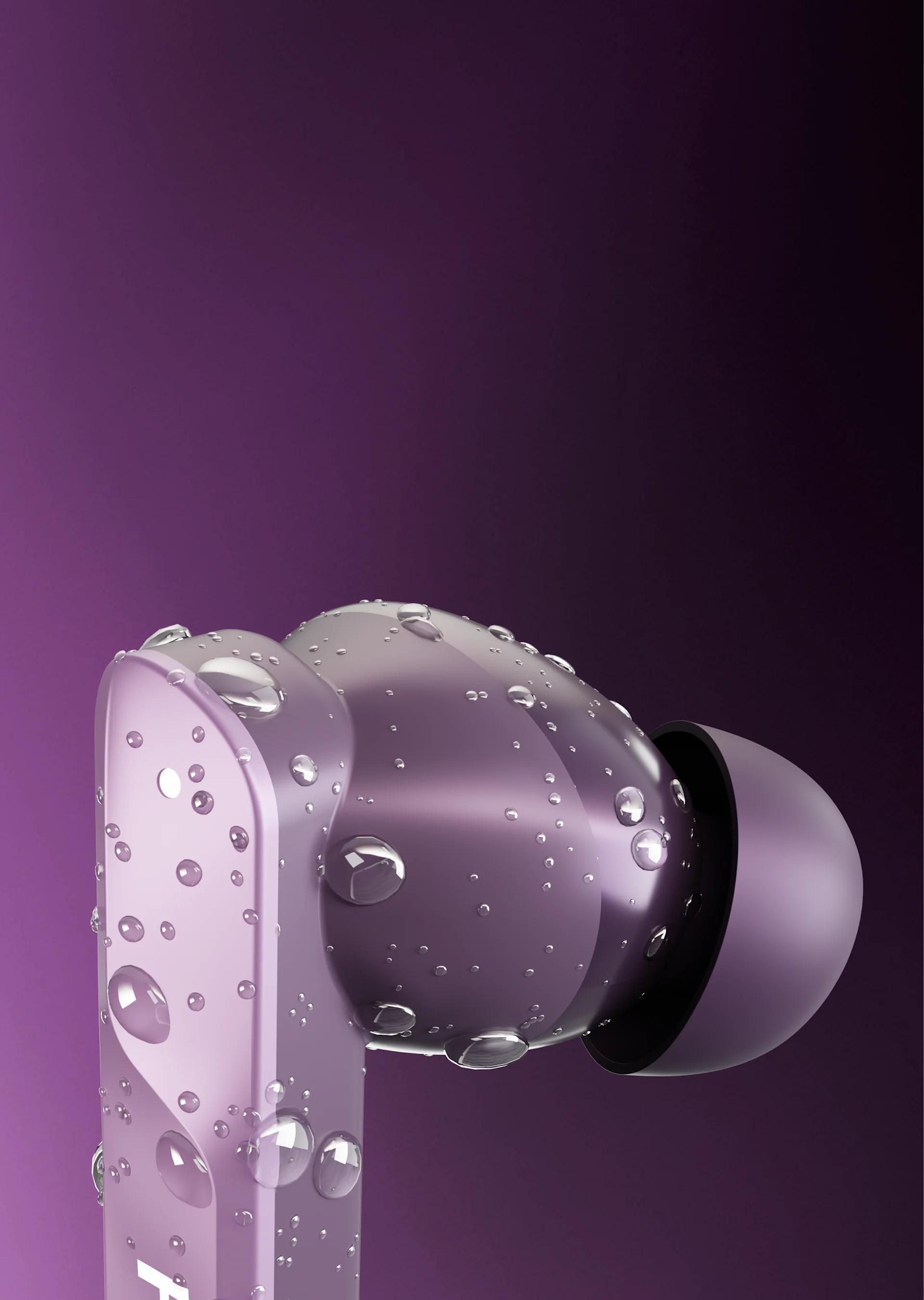 HMD DUB S60 earbud with water droplets on a dark purple background, showcasing waterproof design.