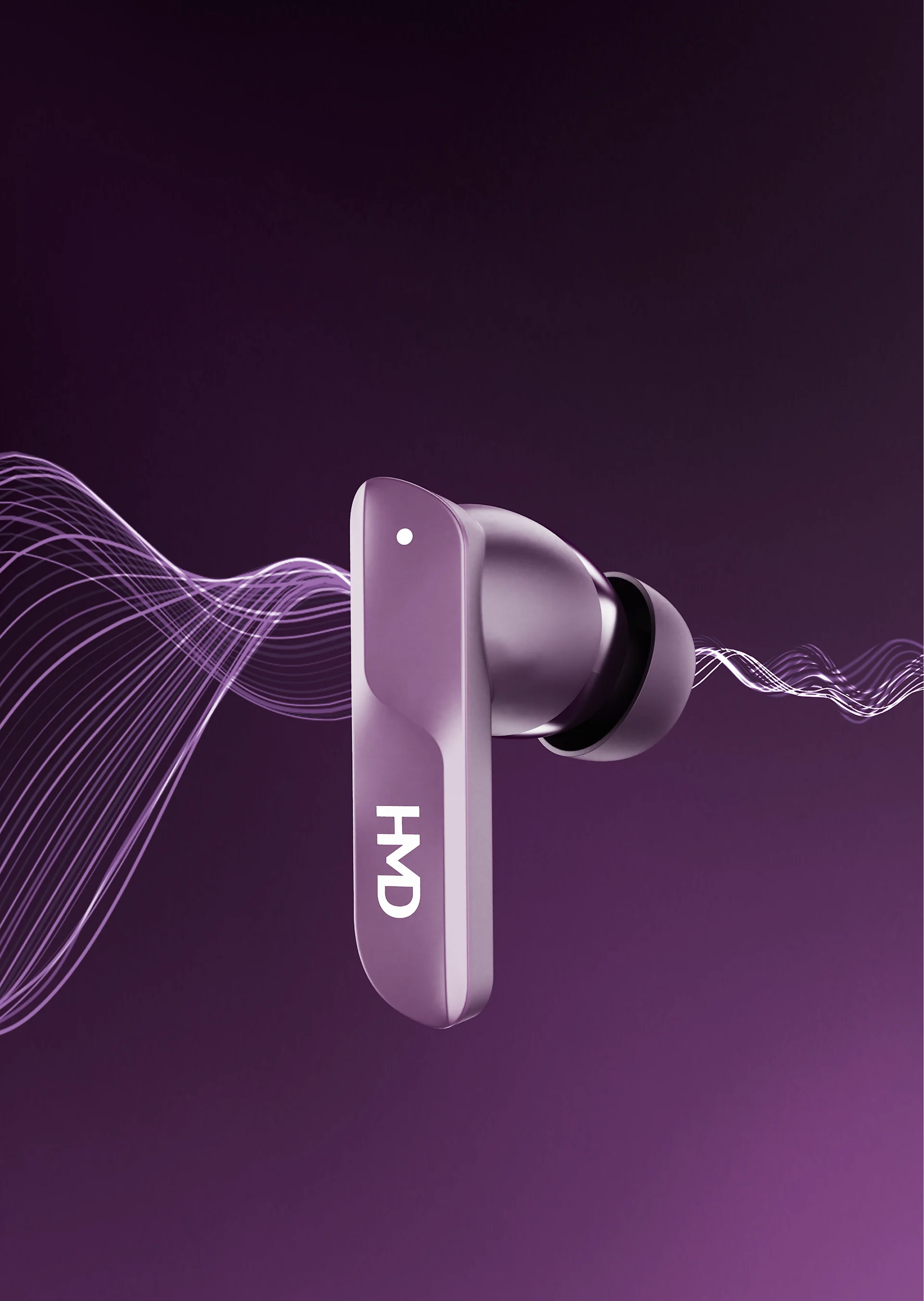 Purple wireless DUB S60 earbud with "HMD" logo, illustrating the noise cancelling feature.