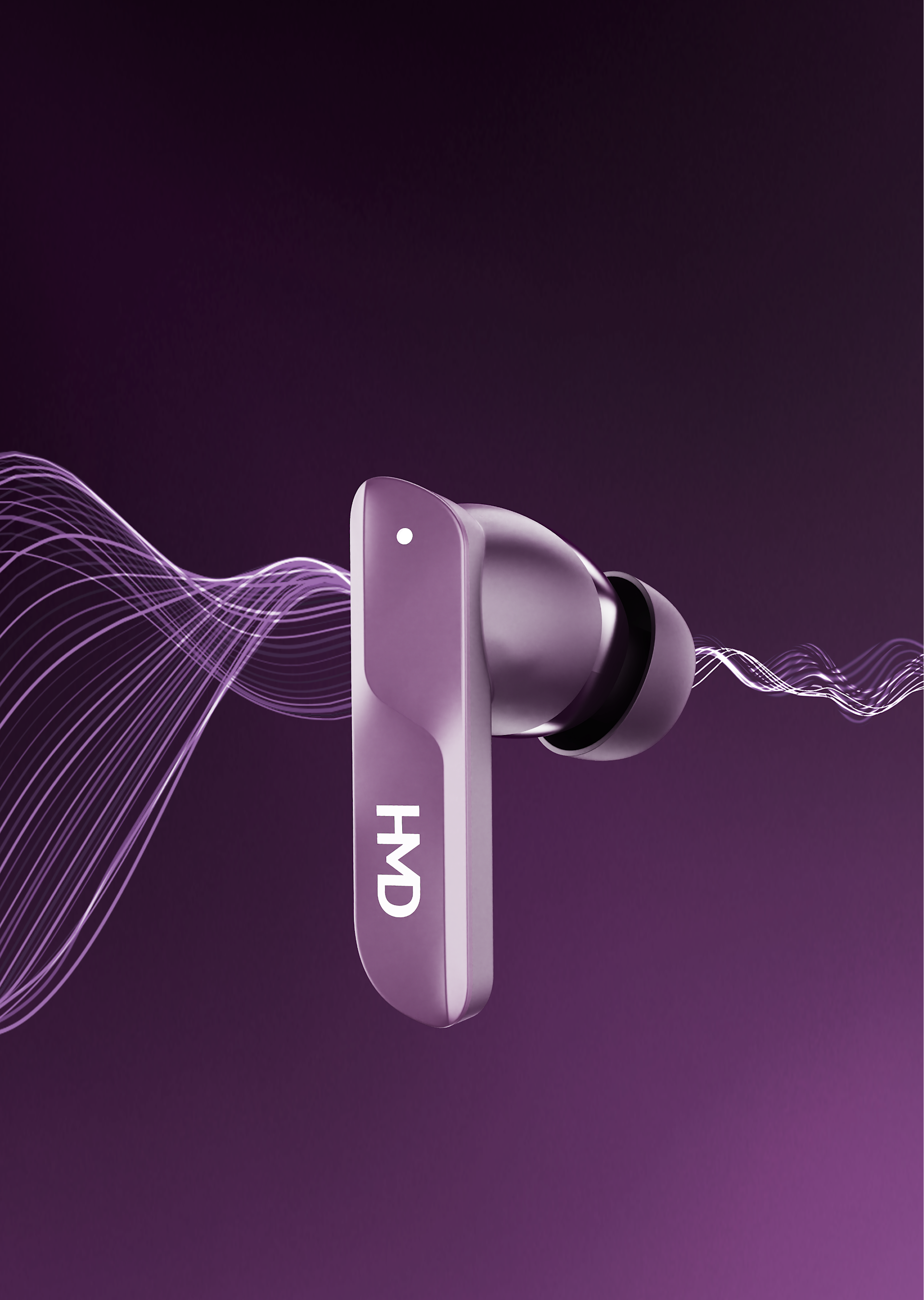 Purple wireless DUB S60 earbud with "HMD" logo, illustrating the noise cancelling feature.