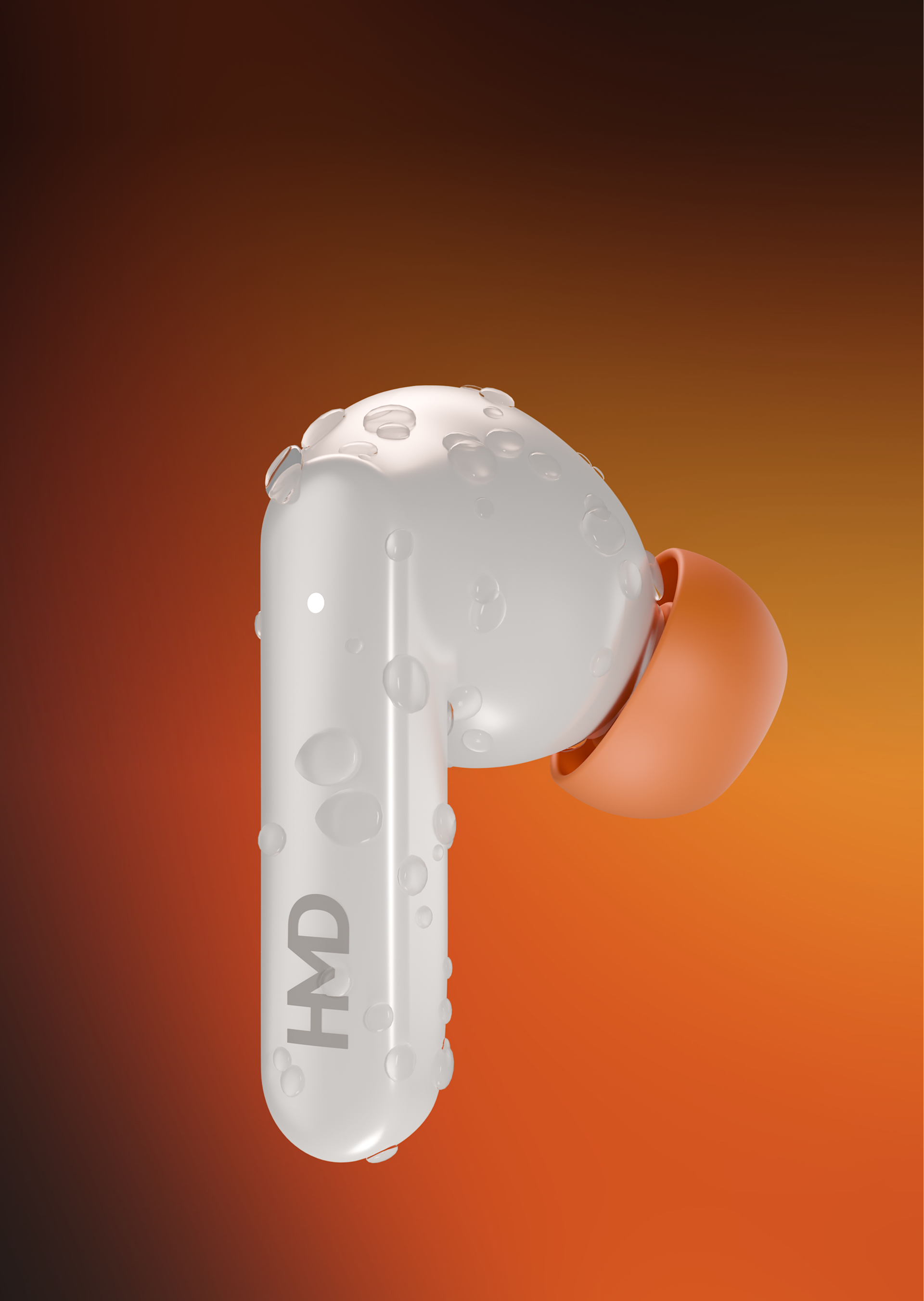 White HMD P70 earbud with orange tip and water droplets on a gradient orange background, highlighting splash resistance.