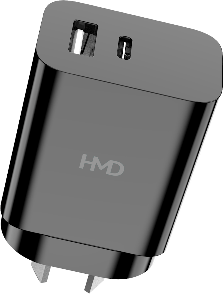 Black HMD Dual Port Wall Charger 30W from Front and Back