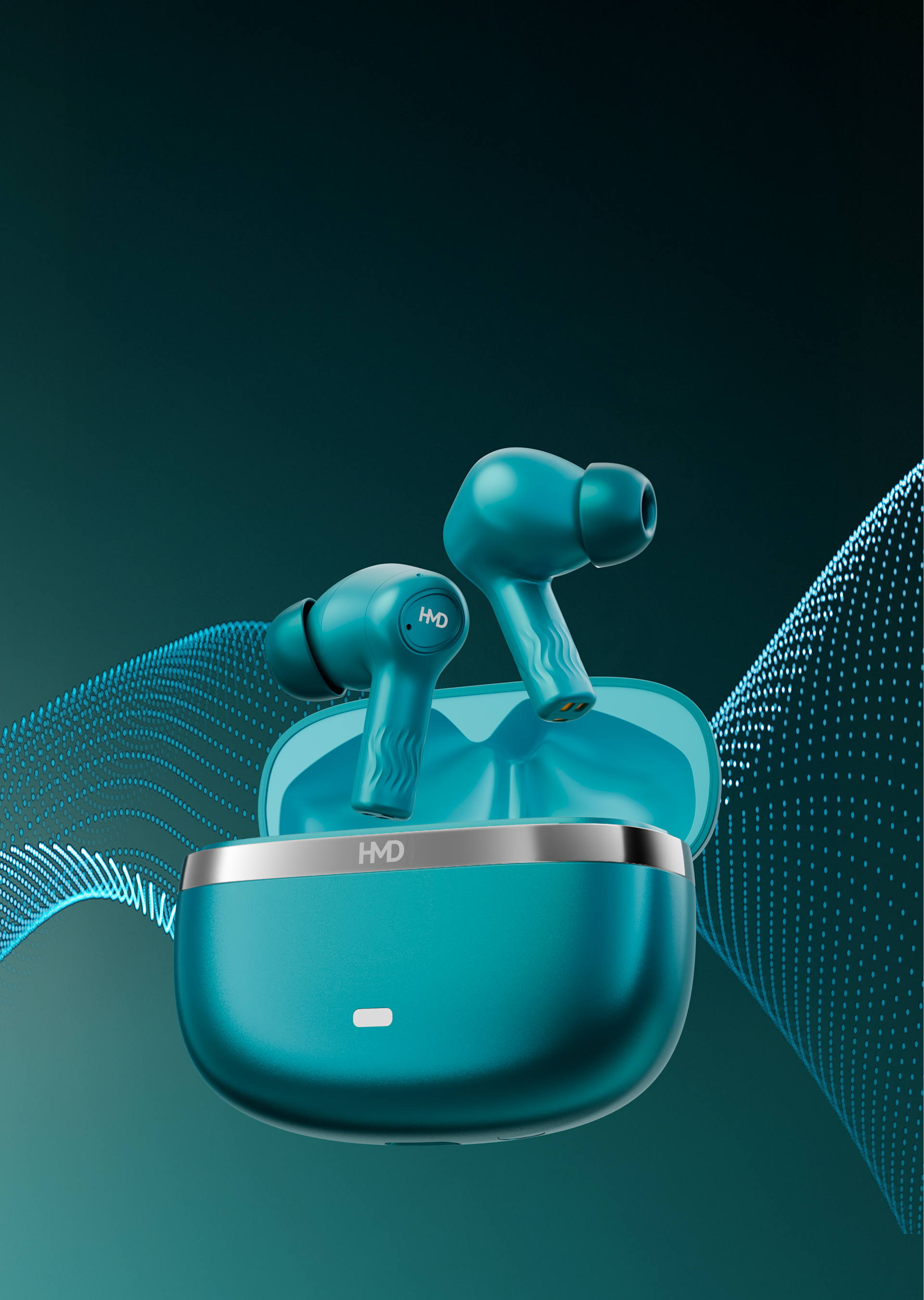 Blue HMD X50 Pro wireless earbuds in an open charging case with digital wave background.