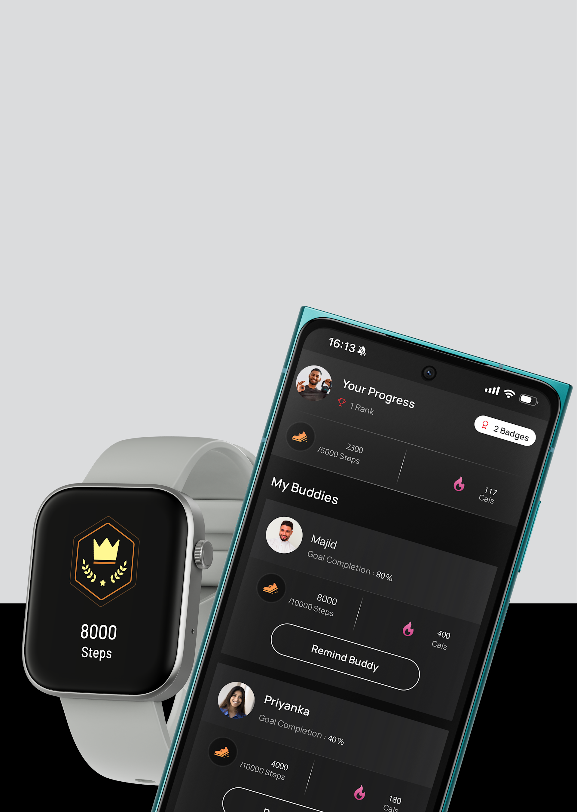 HMD Watch P1 fitness app with step count and progress tracking