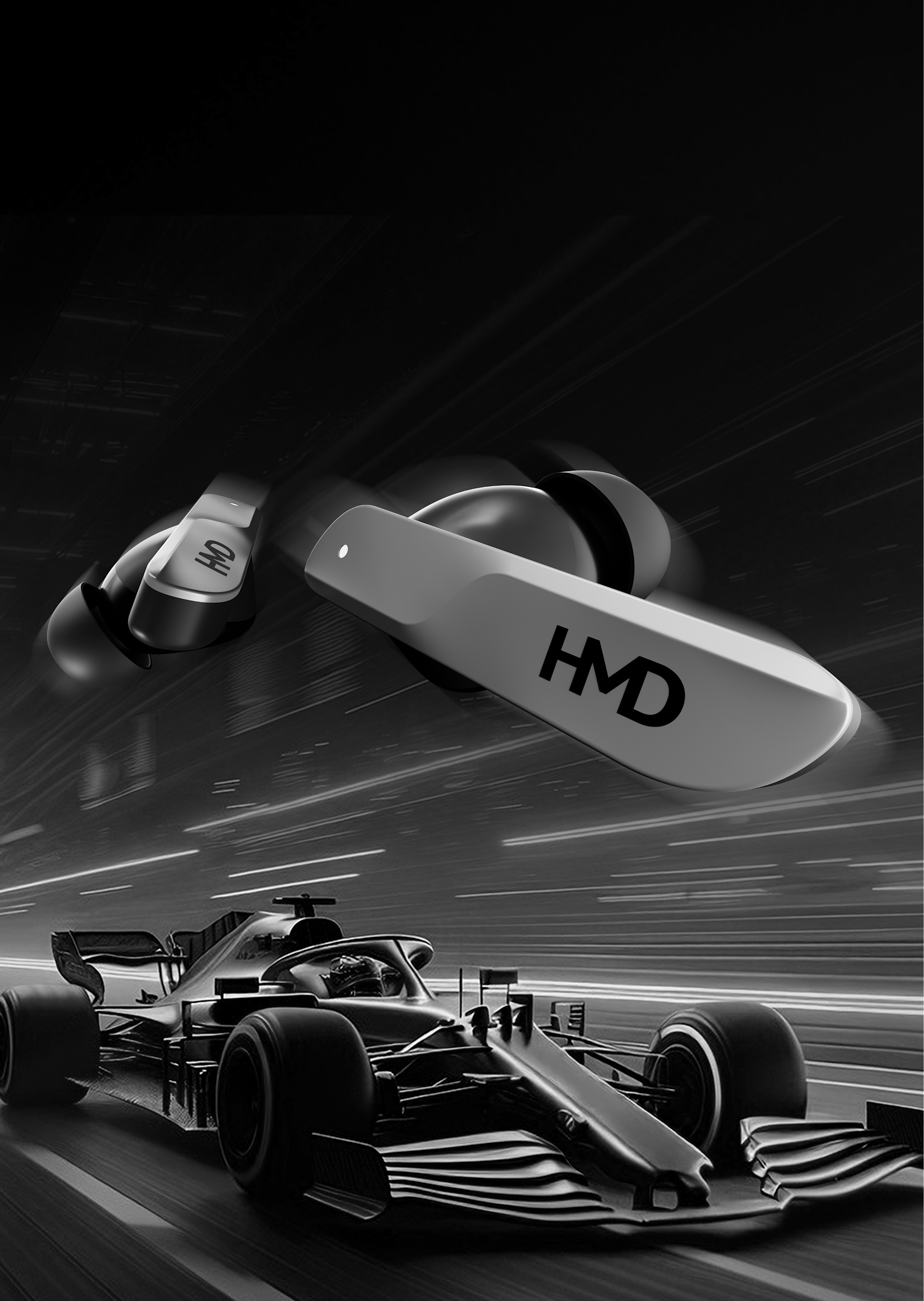 HMD DUB S60 earbuds featured above a speeding race car on a black-and-white track.