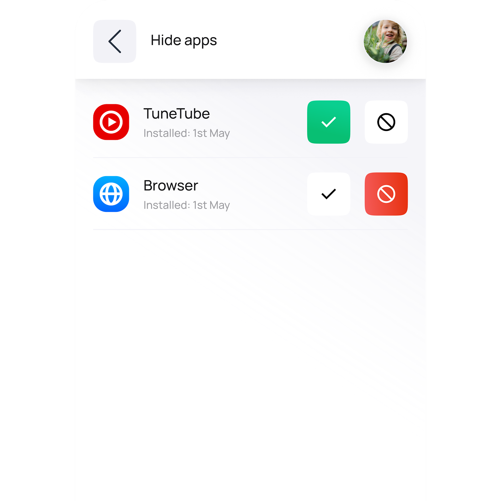 App settings screen displaying “Hide apps” options, each with toggle switches, allowing parents to control app visibility and manage screen time on their teens’ or kids’ devices.
