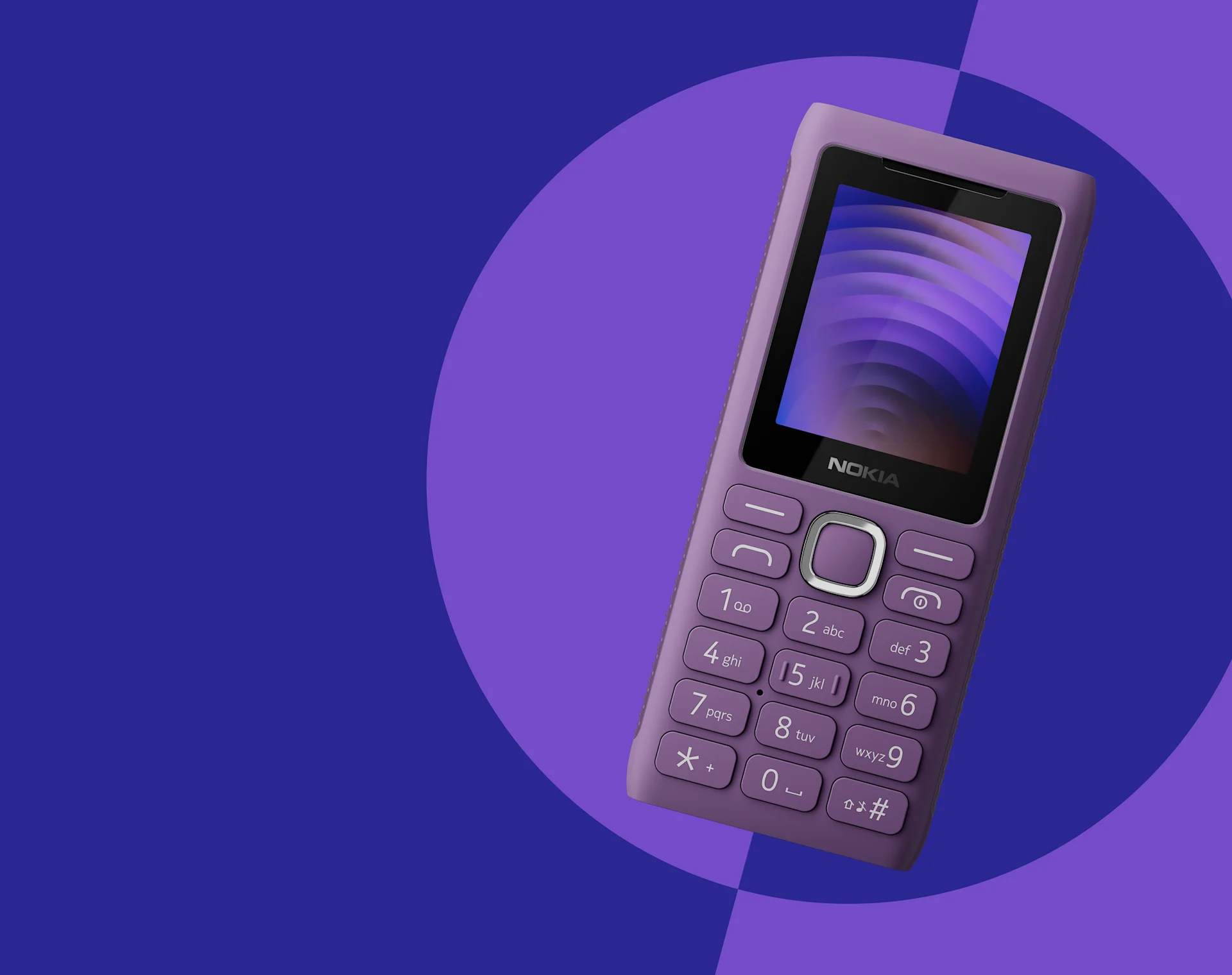 Purple Nokia Power 110 feature phone with keypad, small screen displaying purple waves.