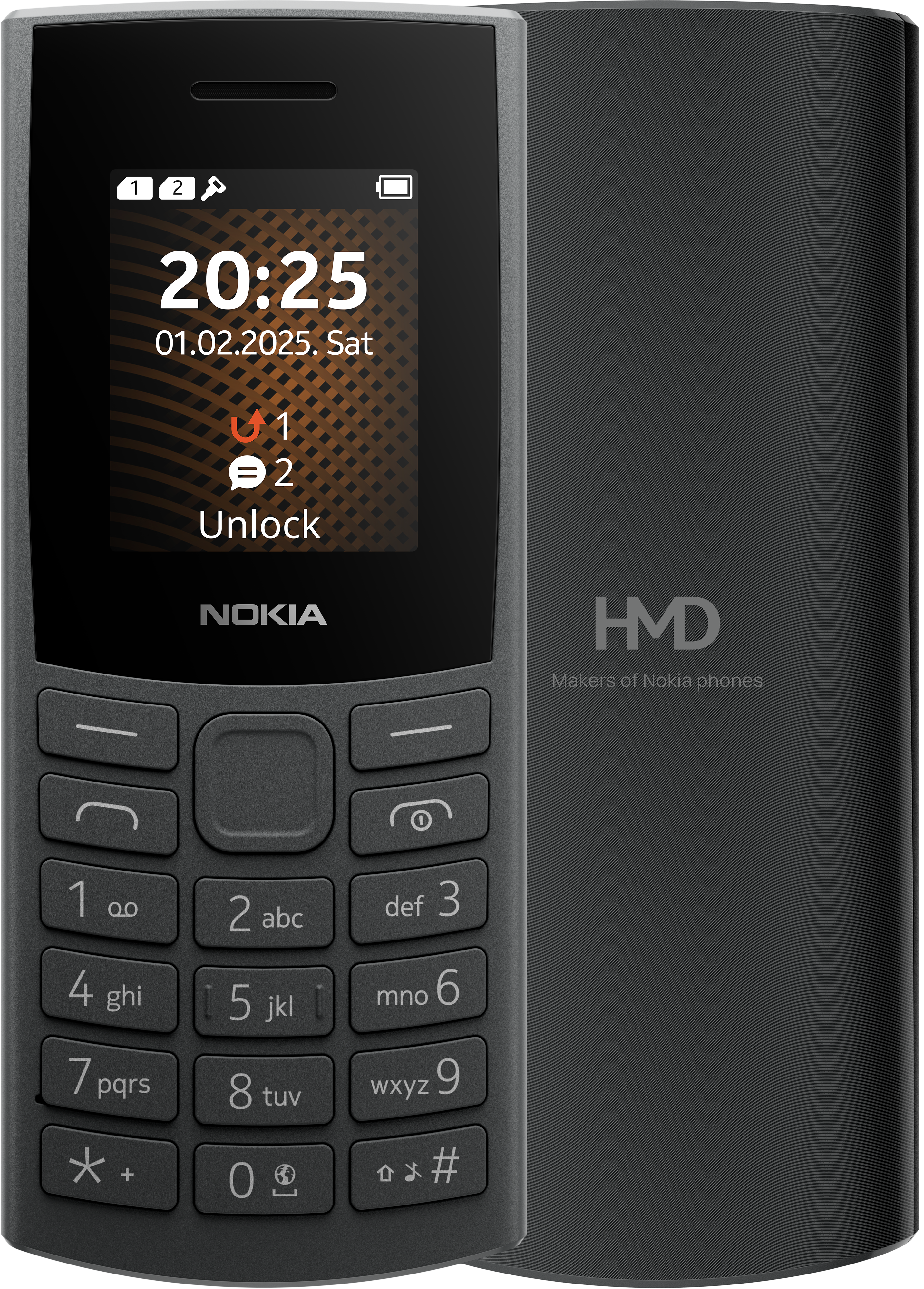 Charcoal Nokia 105 4G 2nd Edition from Front and Back