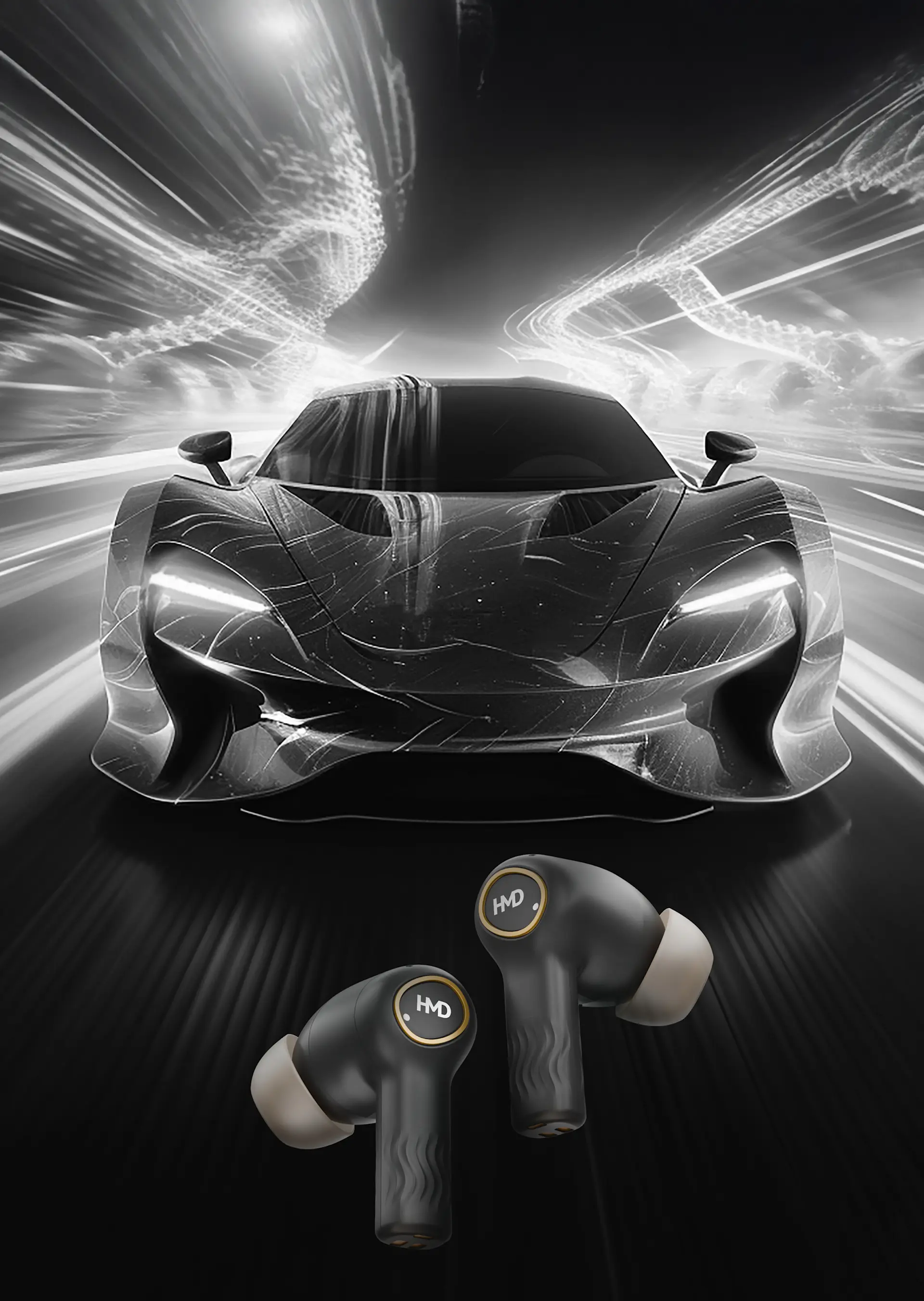 Sleek black sports car with dynamic light trails, paired with black earbuds featuring gold accents.
