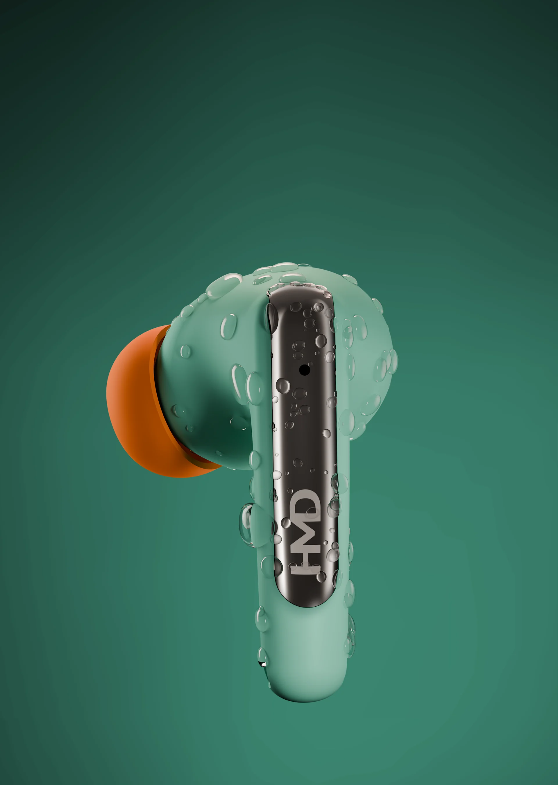 HMD DUB P60 earbuds, covered in water droplets, on a dark green background. 