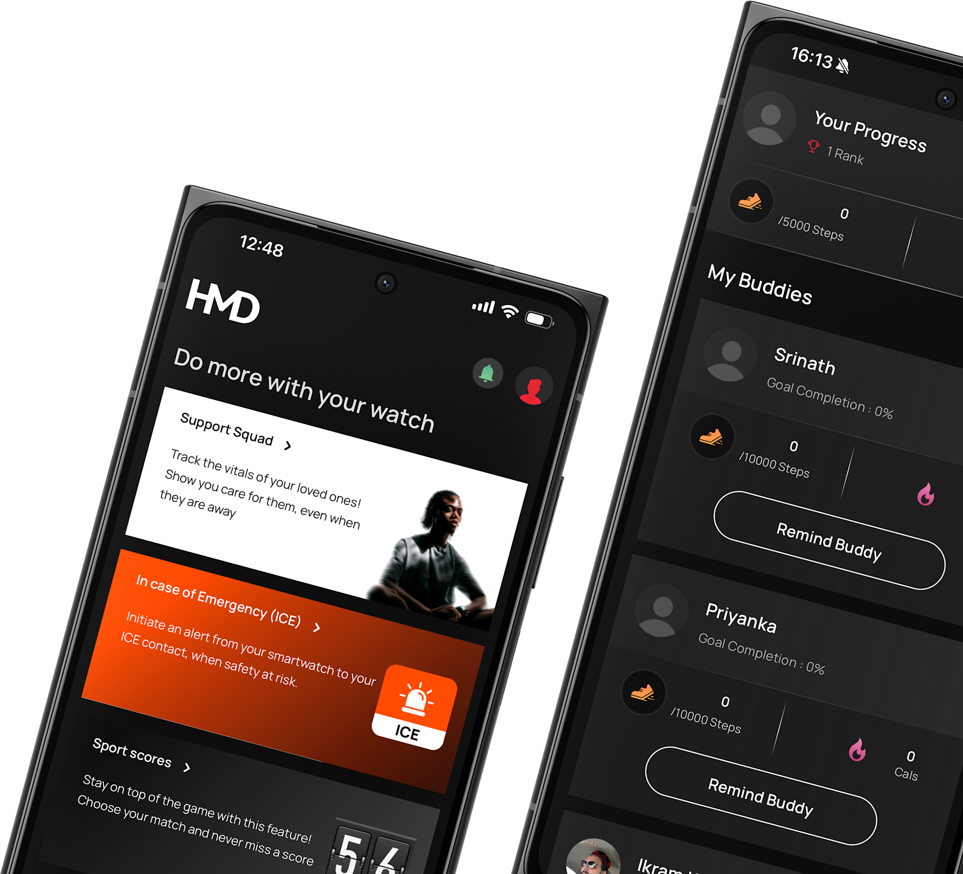 HMD Watch X1 app displaying group fitness challenges and activity summaries.