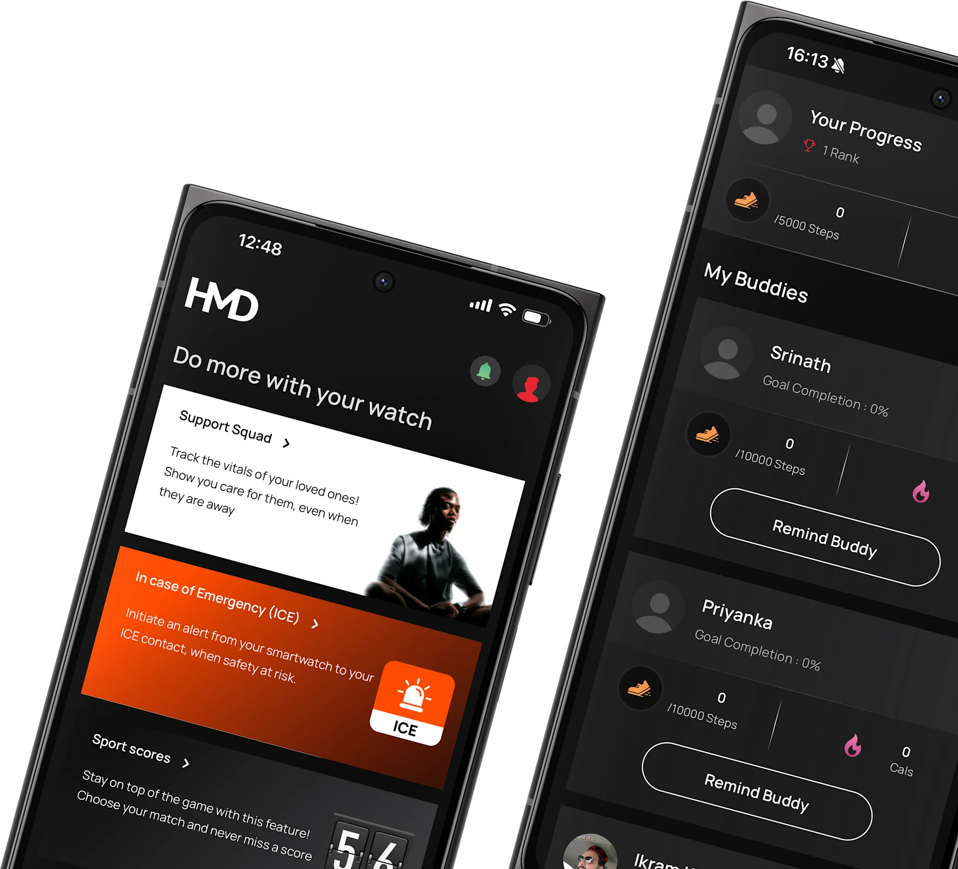 HMD Watch X1 app displaying group fitness challenges and activity summaries.