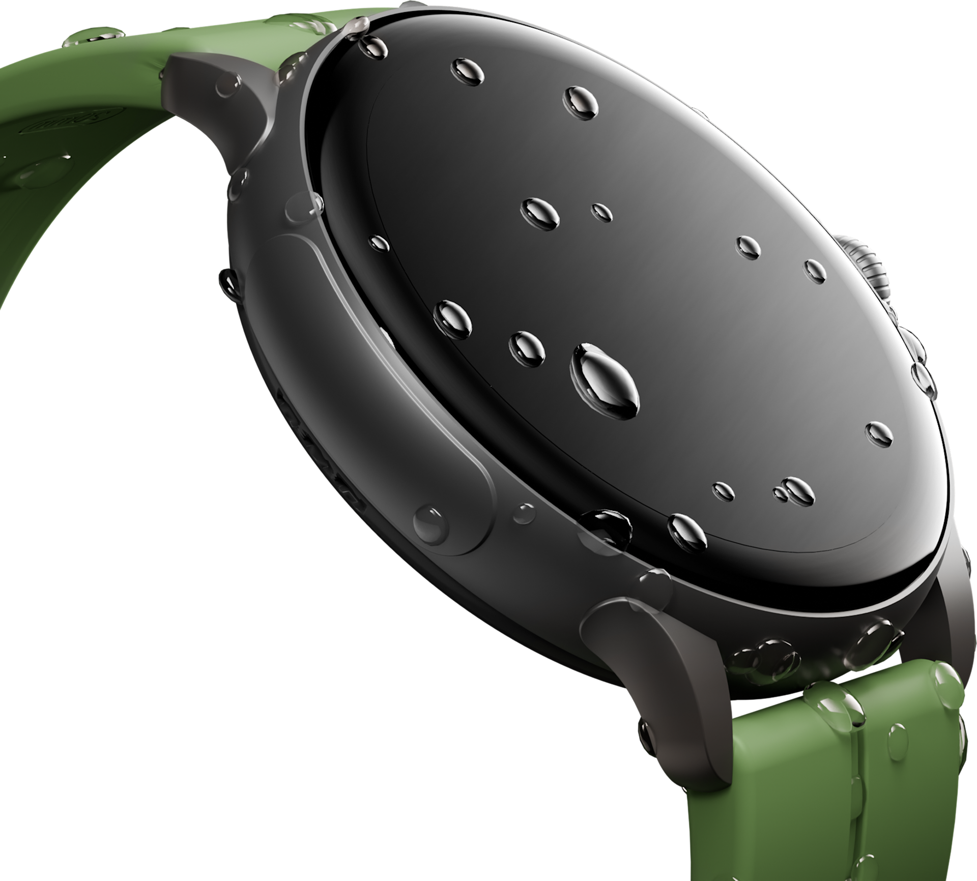 HMD Watch X1 smartwatch with water droplets on the black face, showcasing water resistance.