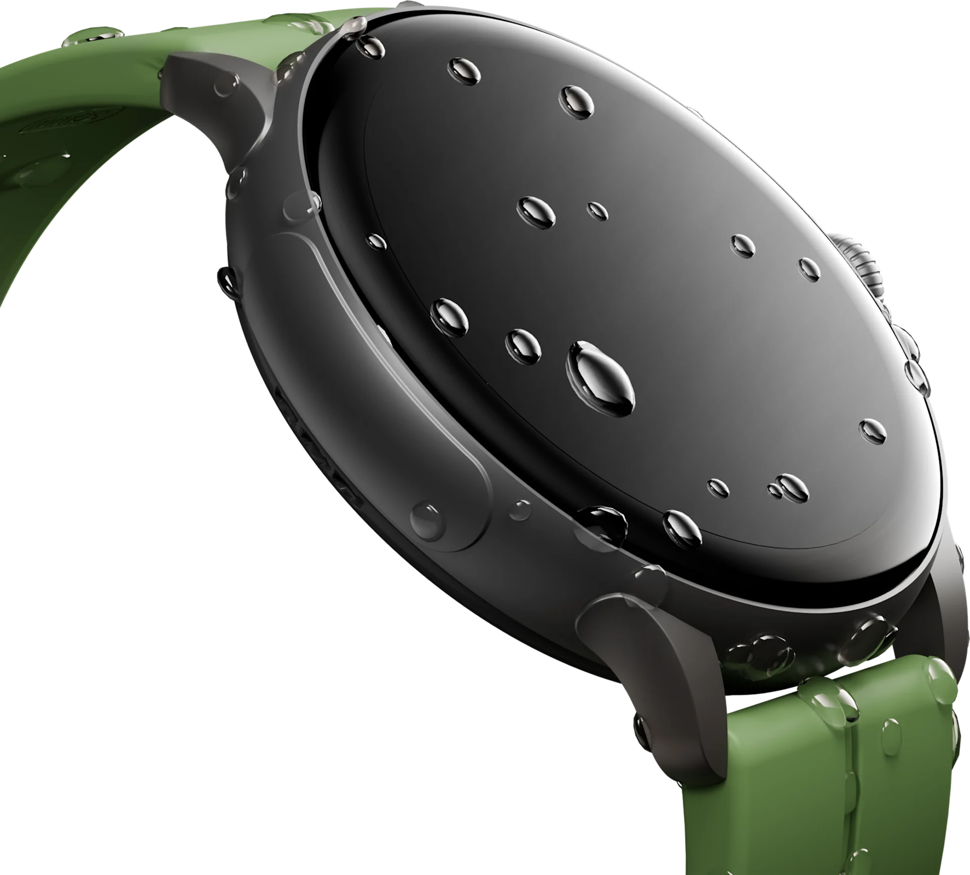 HMD Watch X1 smartwatch with water droplets on the black face, showcasing water resistance.
