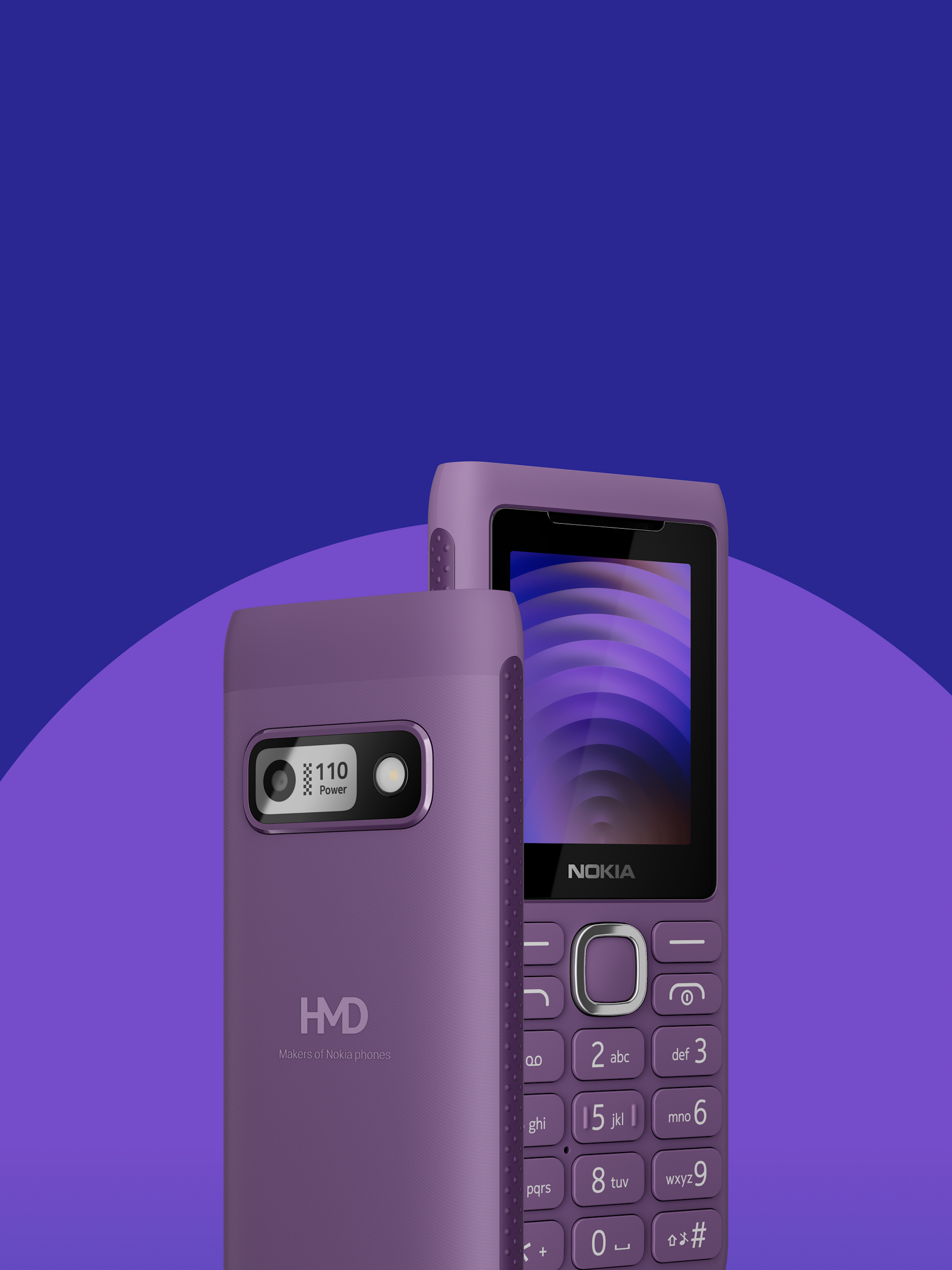 Purple Nokia Power 110 feature phone with keypad, small screen displaying purple waves. 