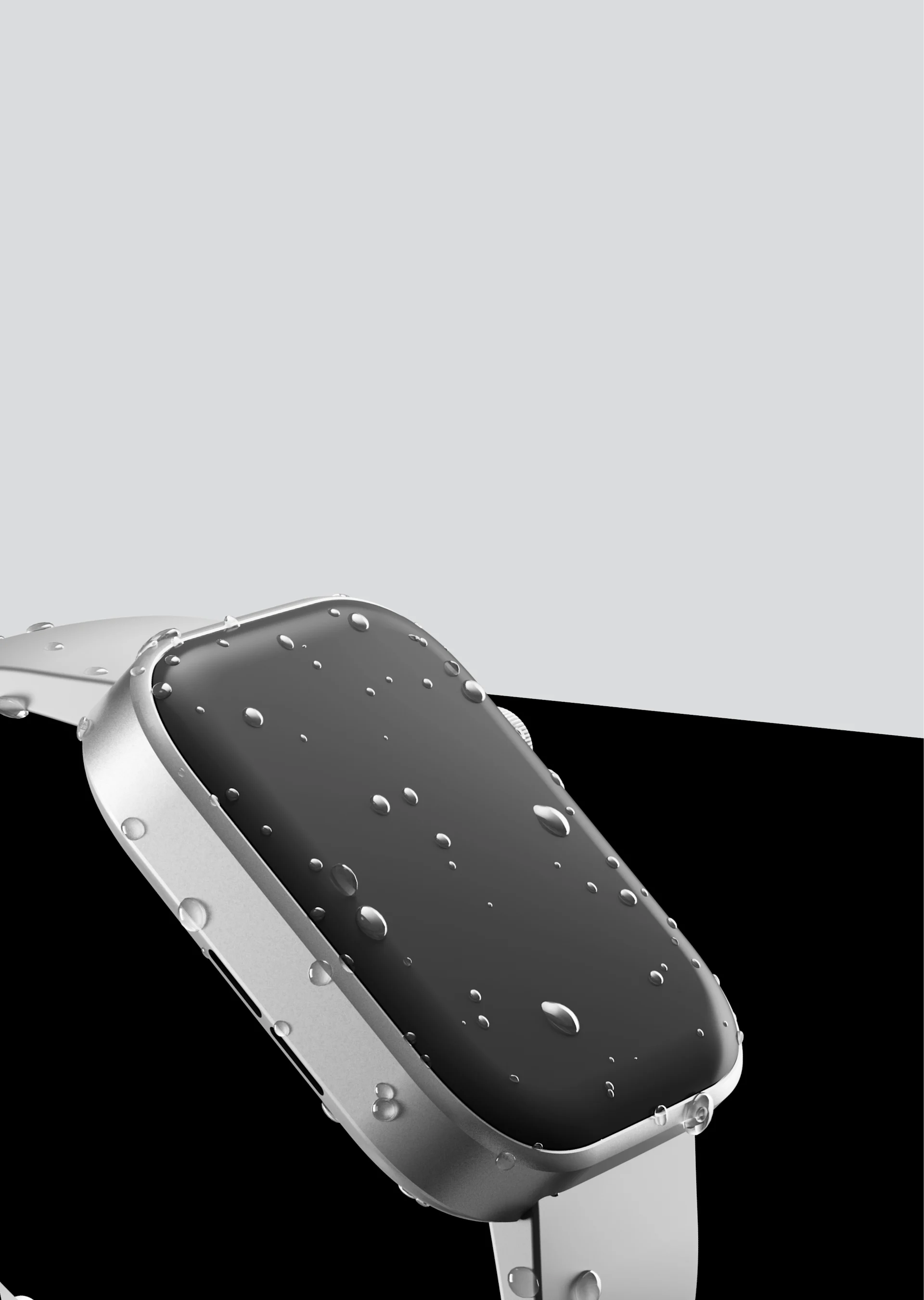 HMD Watch P1 with silver band and water droplets on screen, highlighting dust-tight and water-resistant design.