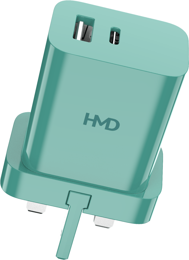 Glacier Green HMD Dual Port Wall Charger 30W from Front and Back