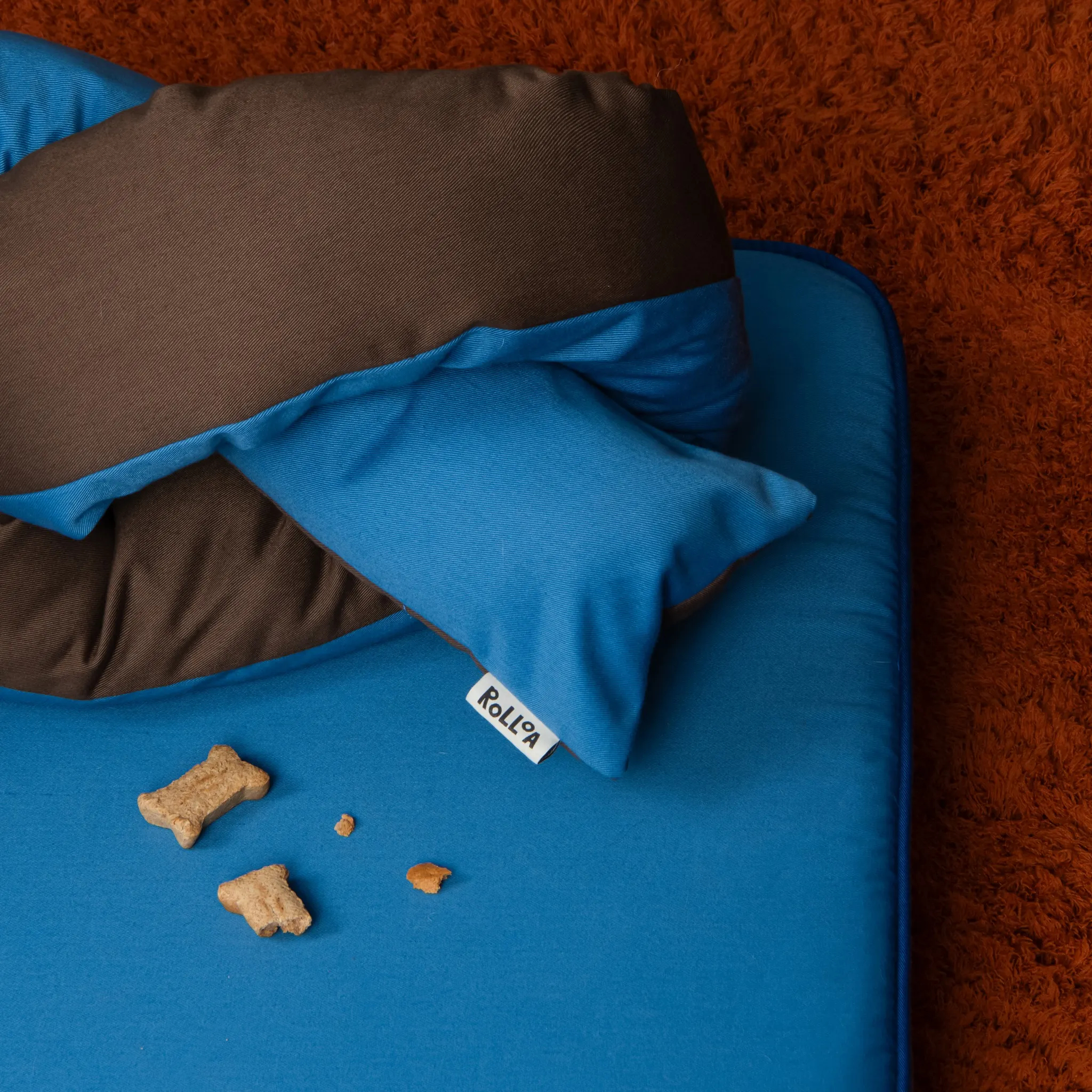 blue dog bed with pillow