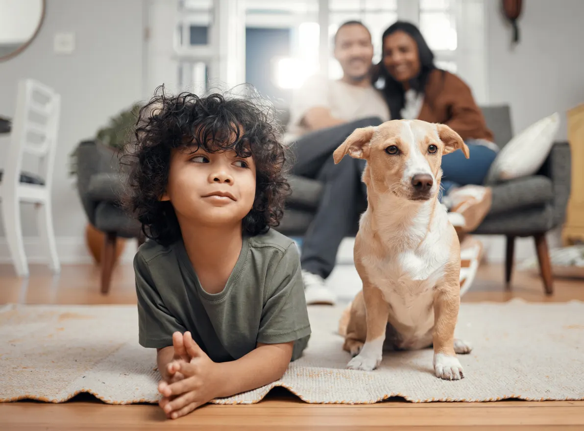 Child laying with small dog on carpet while parents watch in background