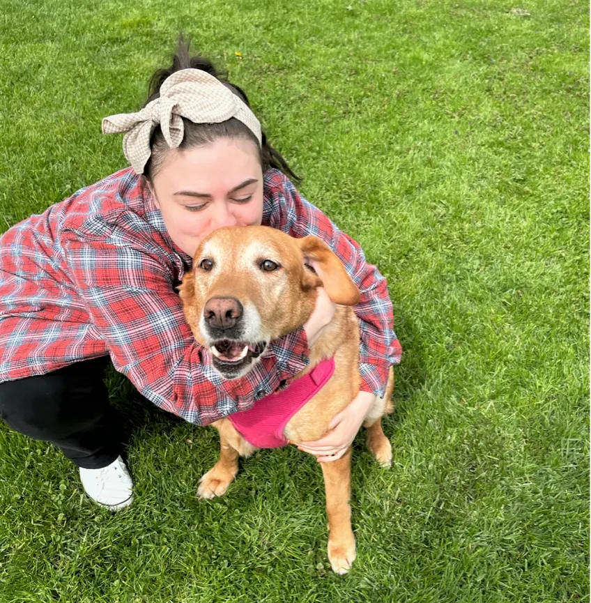 woman kissing dog in grass