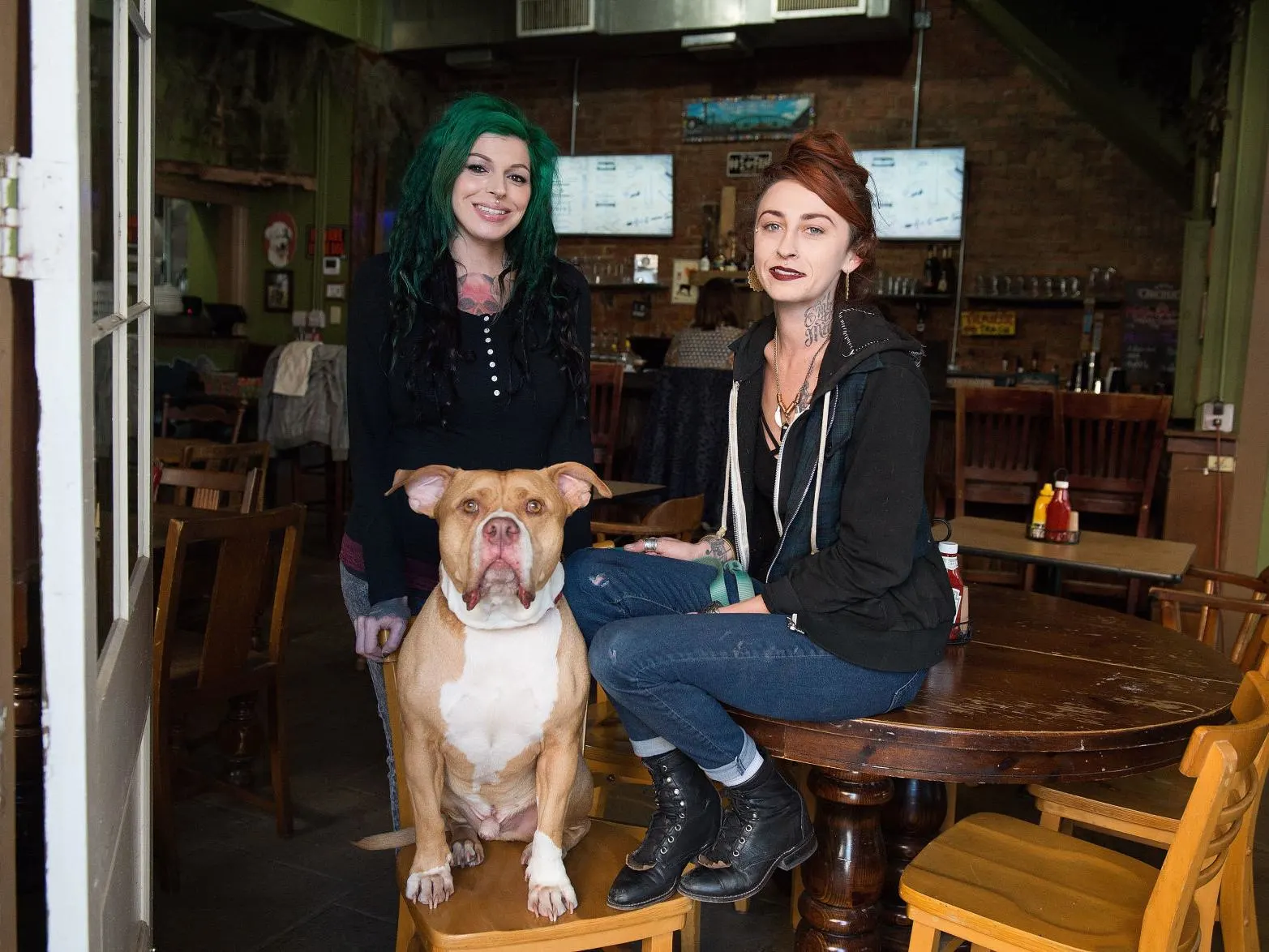pit bull sitting with two women in a bar