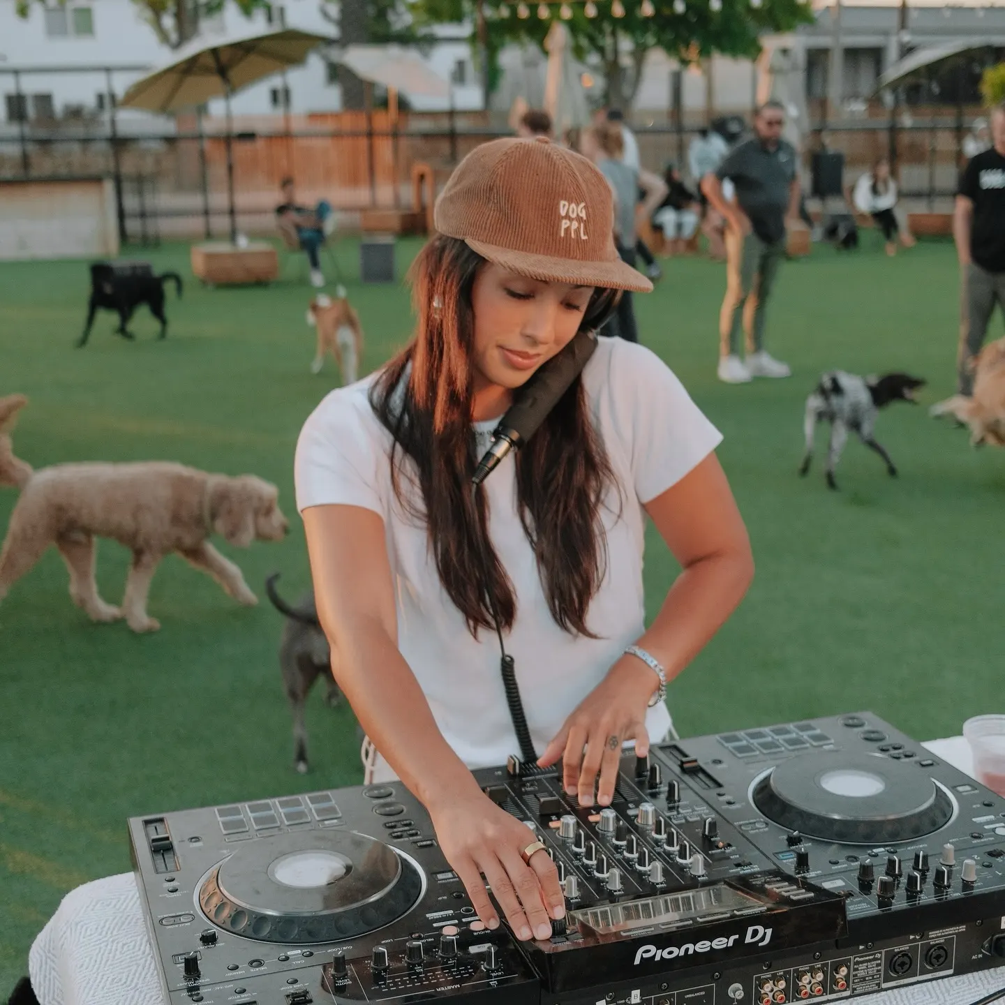 woman djs at large dog park