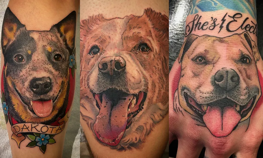 three photos of dog tattoos