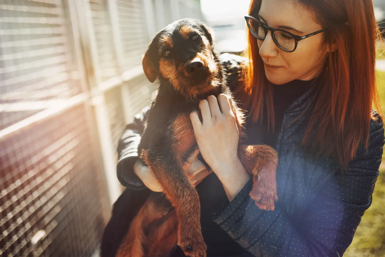 female animal shelter worker holds mutt outside