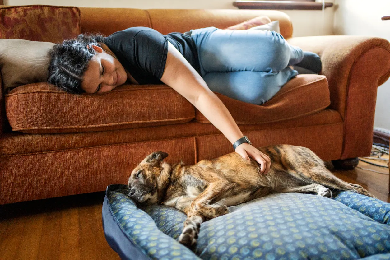 woman laying on couch petting dog