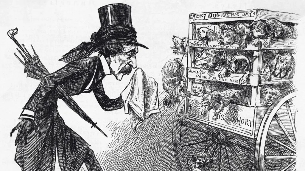 Comic portrayal of Henry Bergh founder of the aspca crying at dogs