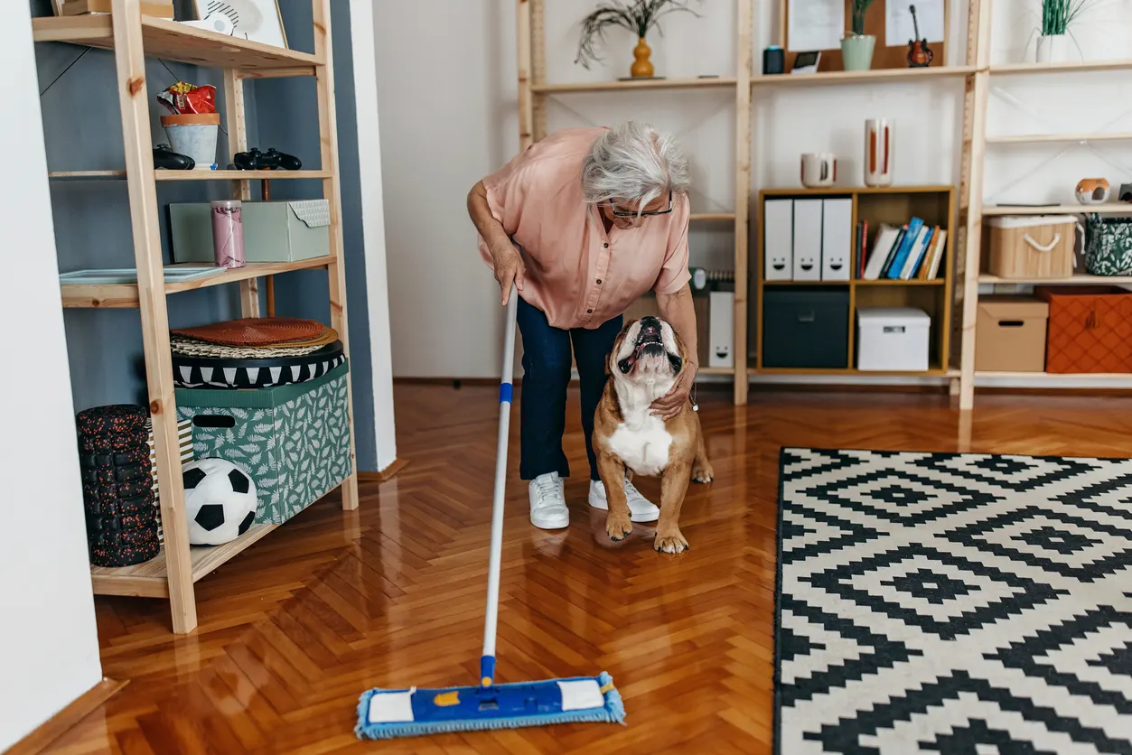 Older woman cleaning floors with bulldog in room