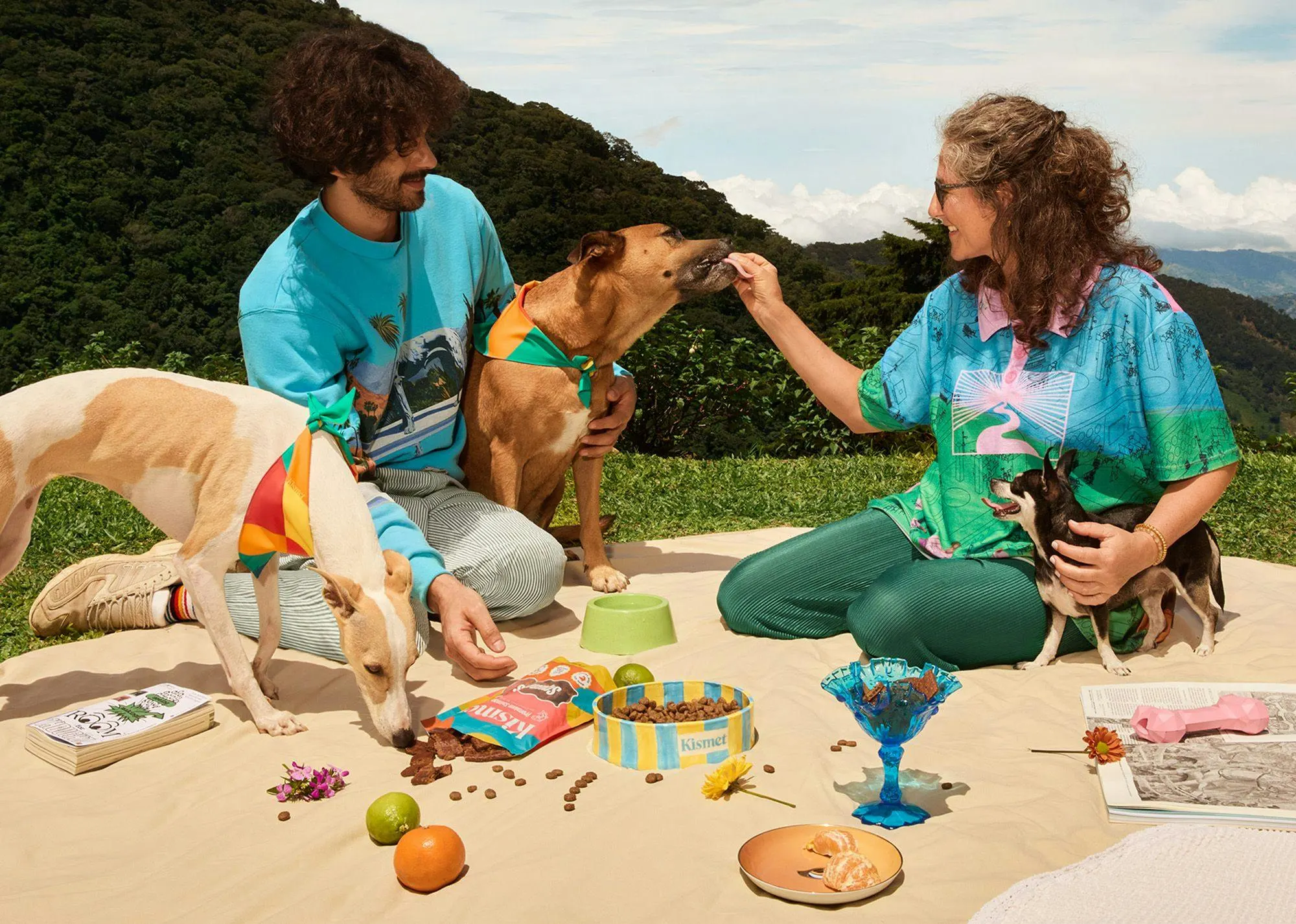 couple sitting with dogs on picnic blanket with dog food