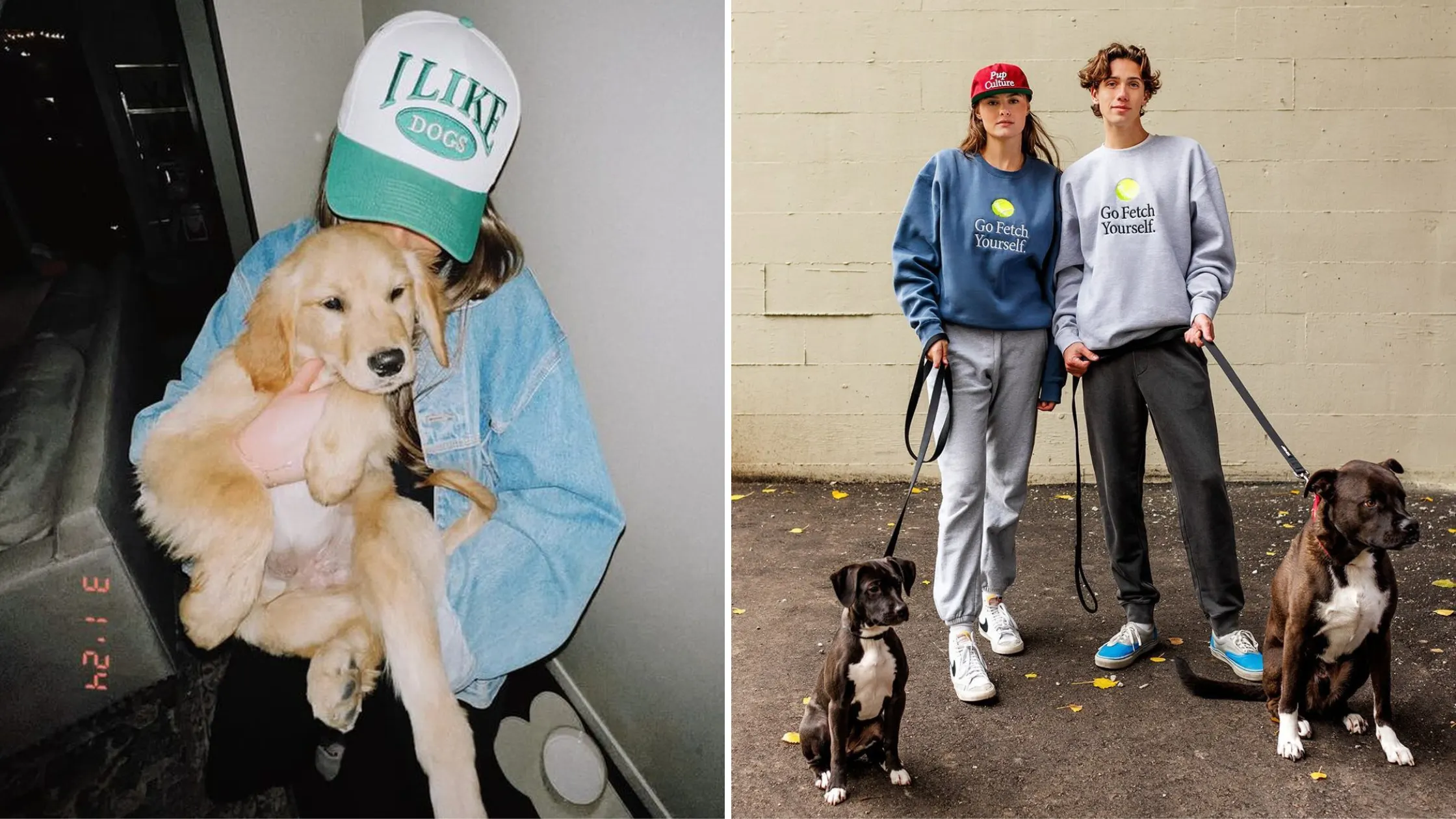 Models posing in Diogie brand dog hats and sweatshirts with dogs