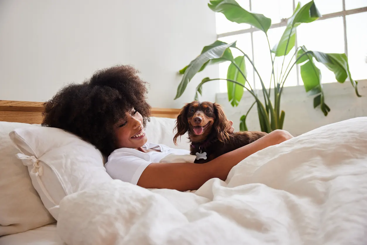 Smiling young woman waking up in bed with her dachshund