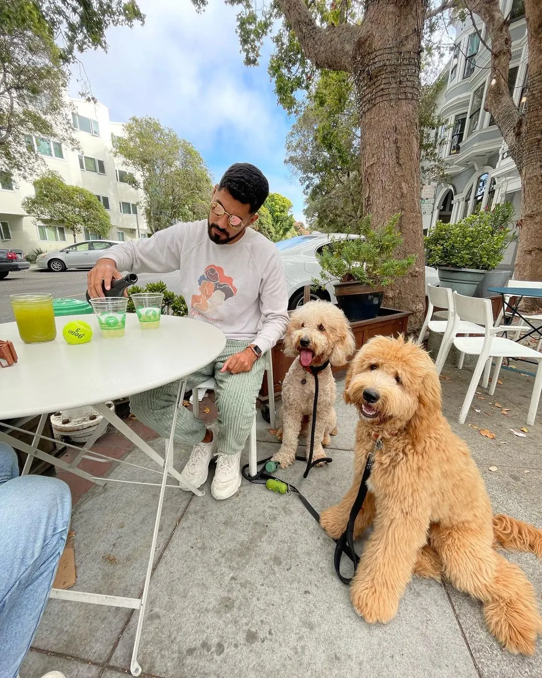 Man dining at outdoor table with two doodle dogs