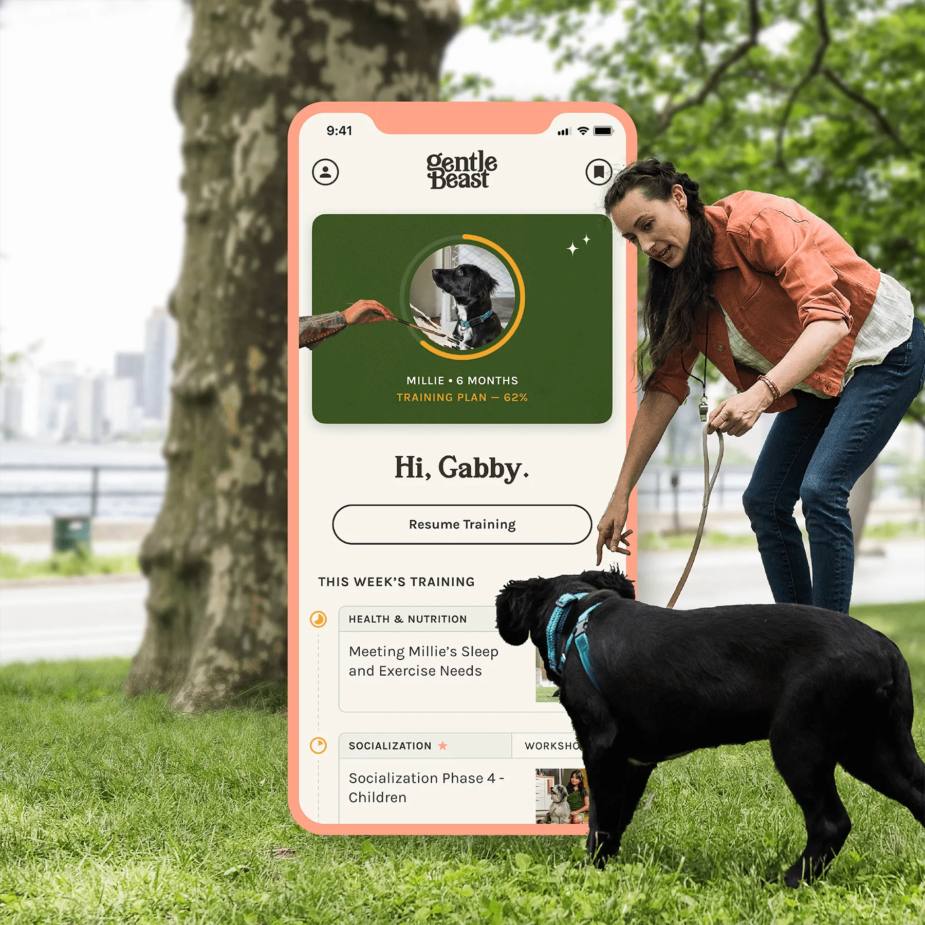 dog training app ad with woman walking her dog