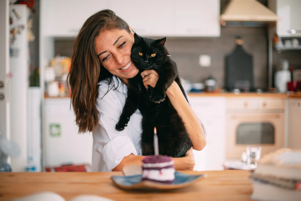 Cat held by owner in front of birthday cake