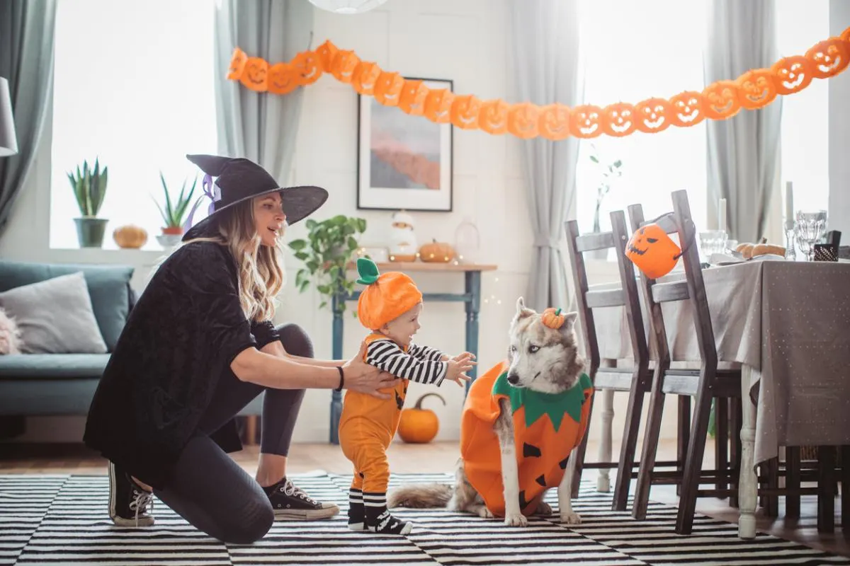 Mom giving attention to her child and dog on Halloween dressed as pumpkins