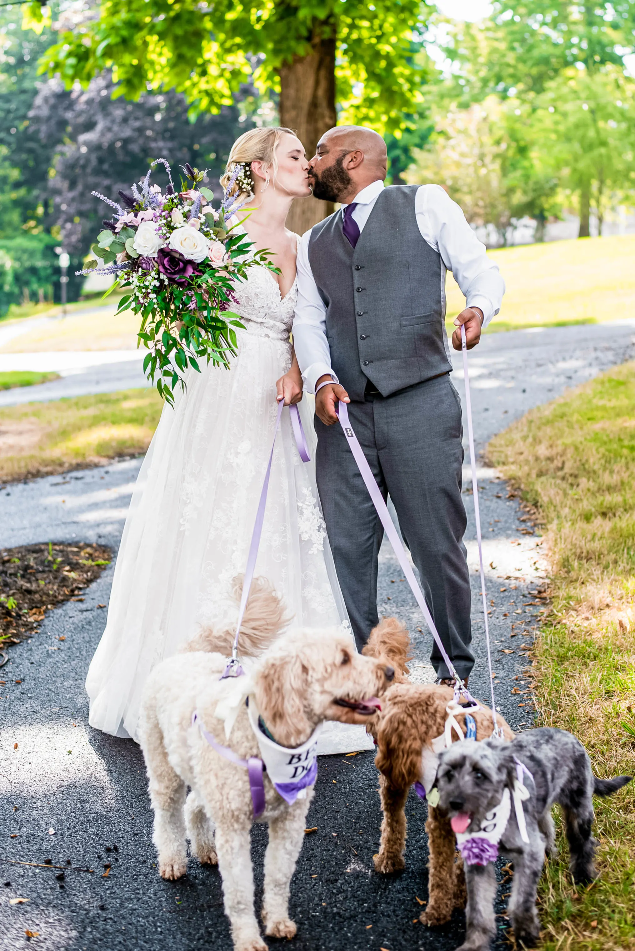 couple at wedding holding leashes of three dogs and kissing