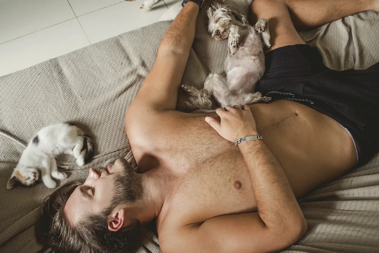 A small dog and kitten asleep on a cozy bed with owner