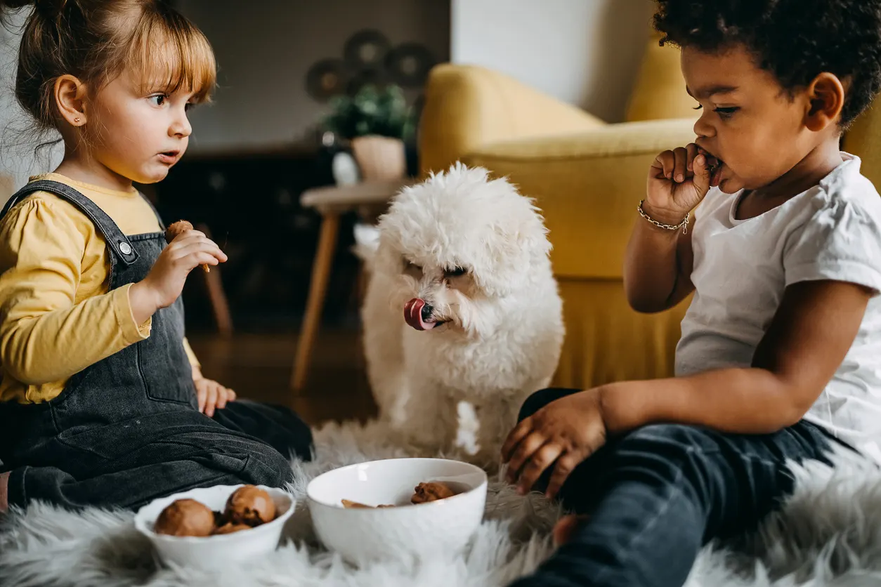 kids and dog sharing dessert