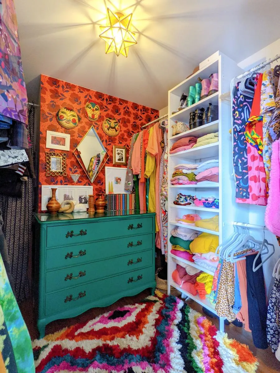 Colorful closet with eclectic decor